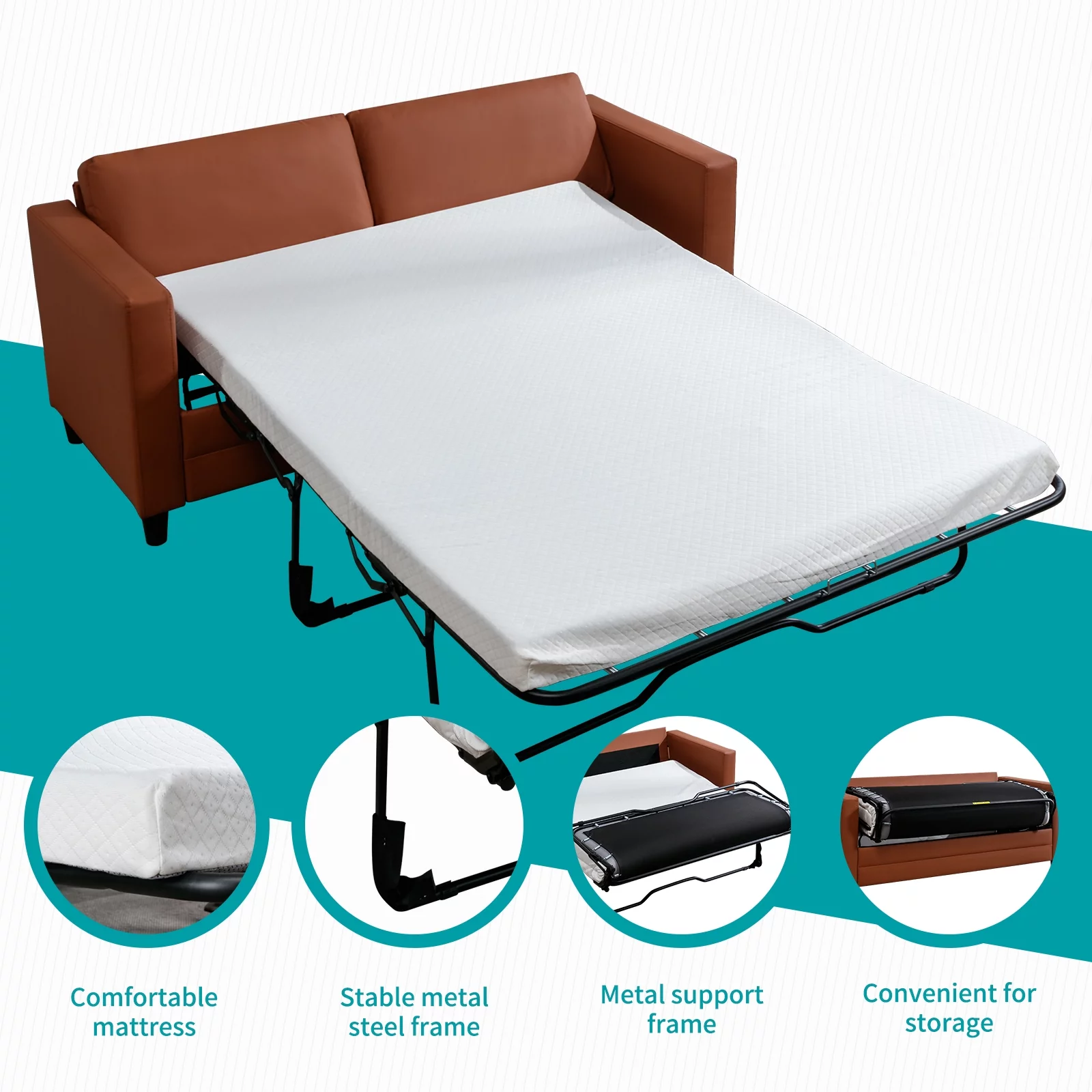 MUZZ Queen Size Pull Out Sofa Bed, Convertible 2-in-1 Sleeper Sofa Couch with Foldable Mattress,Leather Loveseat Sleeper Sofa for Living Room/Apartment(Cognac Tan)