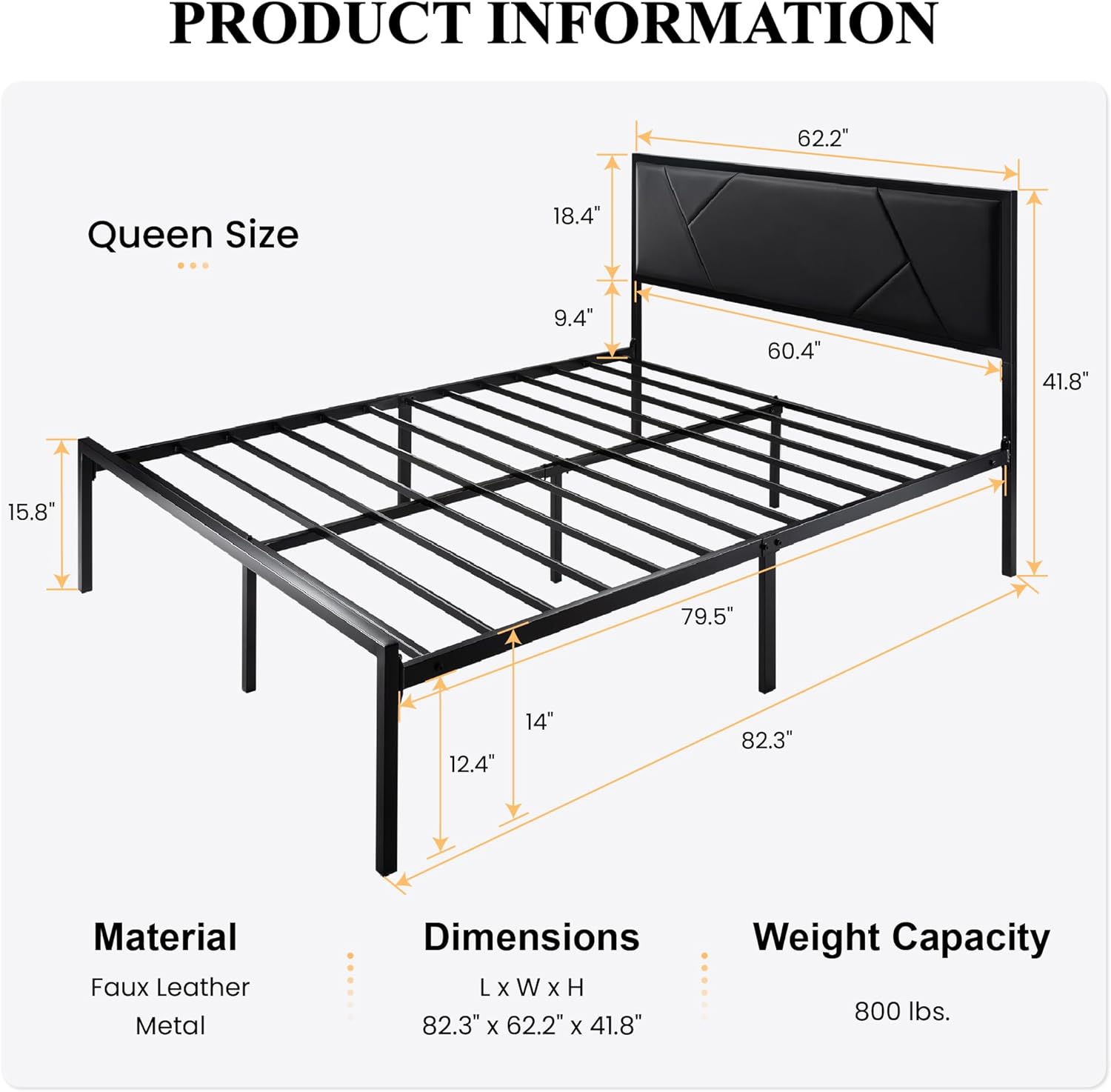 JIAH Twin Size Metal Bed Frame with Litchi Grain Leather Upholstered Headboard, No Box Spring Needed, 12.4