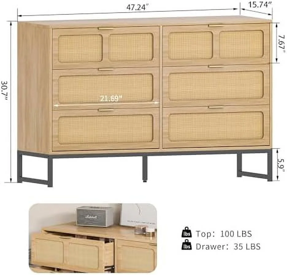 Rattan 6-Drawer Dresser - Mid Century Modern Chest of Drawers - Boho Farmhouse Cabinet with Wide Drawers - Metal Legs Storage Dresser Chest for Bedroom  Living Room