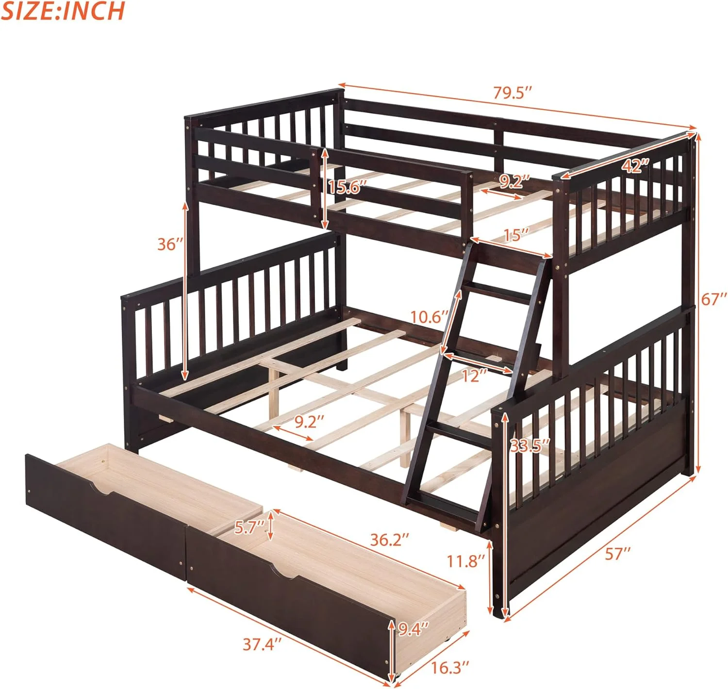 Over Full Bunk Bed With Storage Drawers, Solid Pine Wood Frame And Ladder With Guard Rails For Kids, Teens, Boys And Girls, No Box Spring Needed, Bunk Bed Espresso
