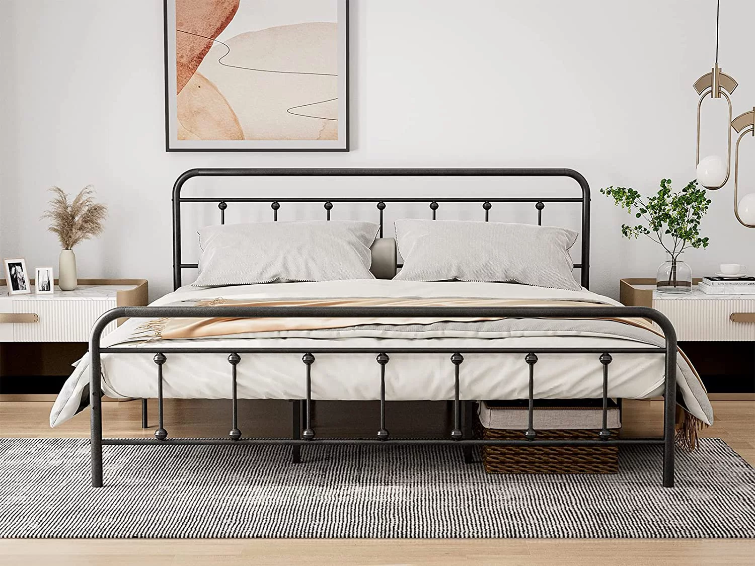 IKIFLY California King Size Metal Bed Frame with Headboard & Footboard / Strong Steel Slats / Mattress Foundation / Victorian Vintage Style / No Box Spring Needed - Black Silver, Cal King