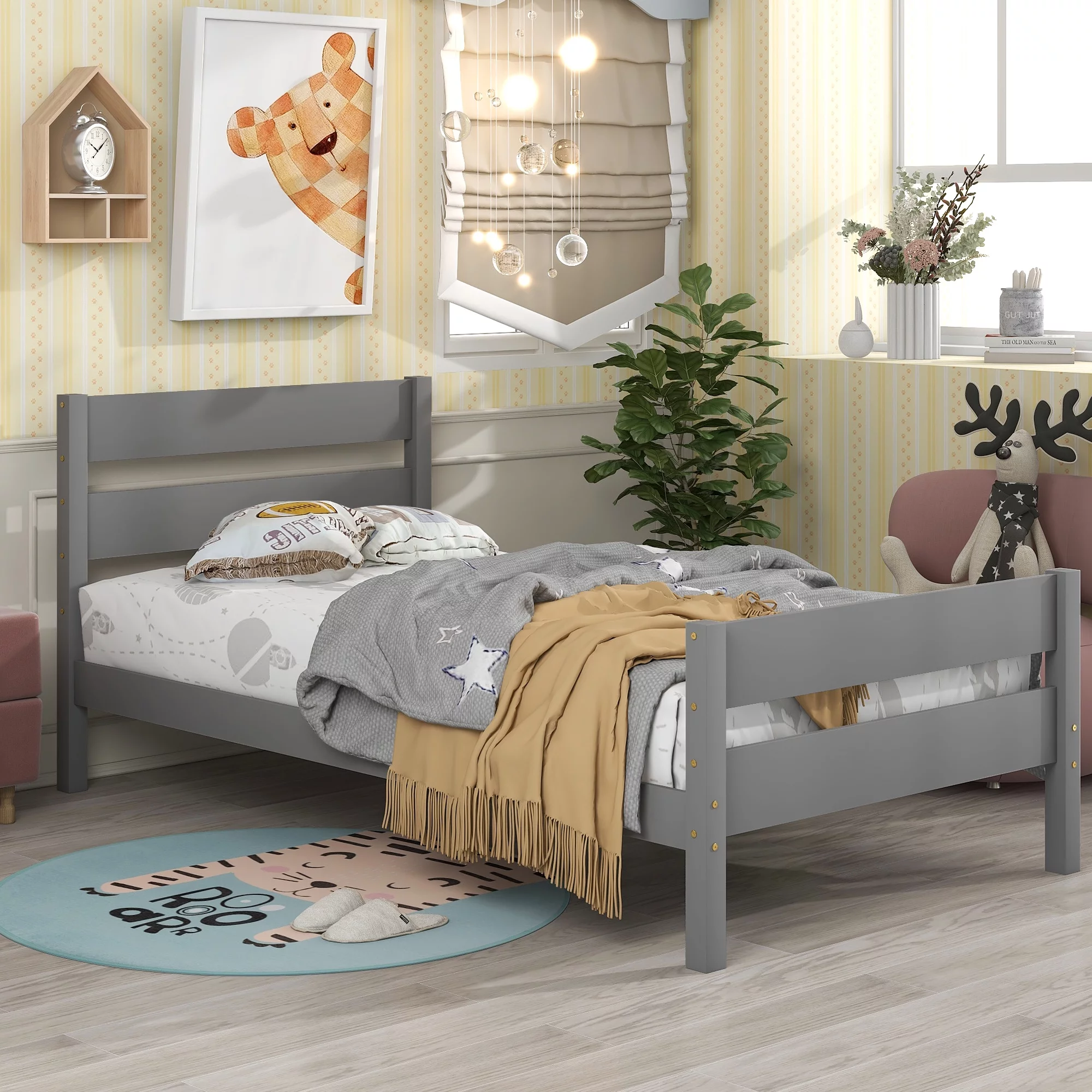 Twin Solid Wood Platform Bed with Wooden Slats, Twin Size Platform Bed with Headboard and Footboard, No Box Spring Needed, Easy Assembly(Gray)
