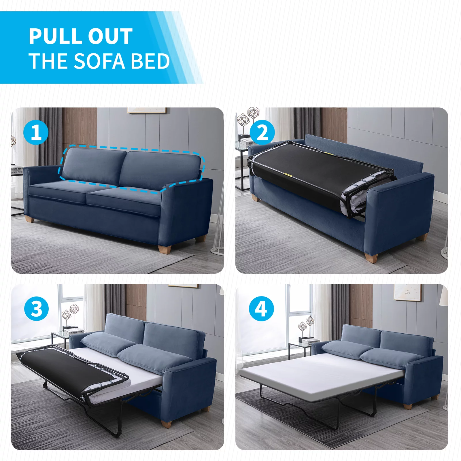 BALUS 2-in-1 Sofa Bed, Queen Pull-out Sofa Bed, Sofa Bed with Foam Mattress, Loveseat Sofa Bed for Living Room, Bedroom, Office, Small Space, Navy blue