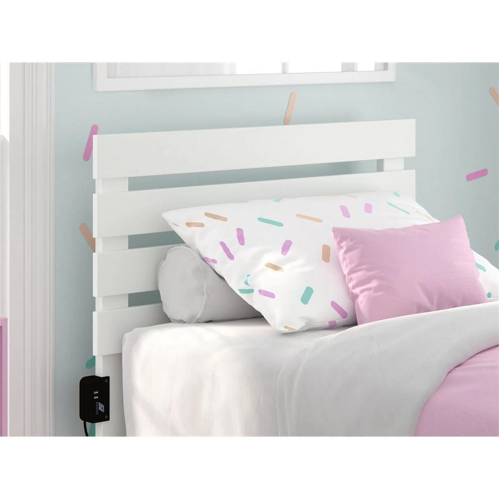 Pemberly Row Solid Wood Twin Headboard with USB Charging Station in White