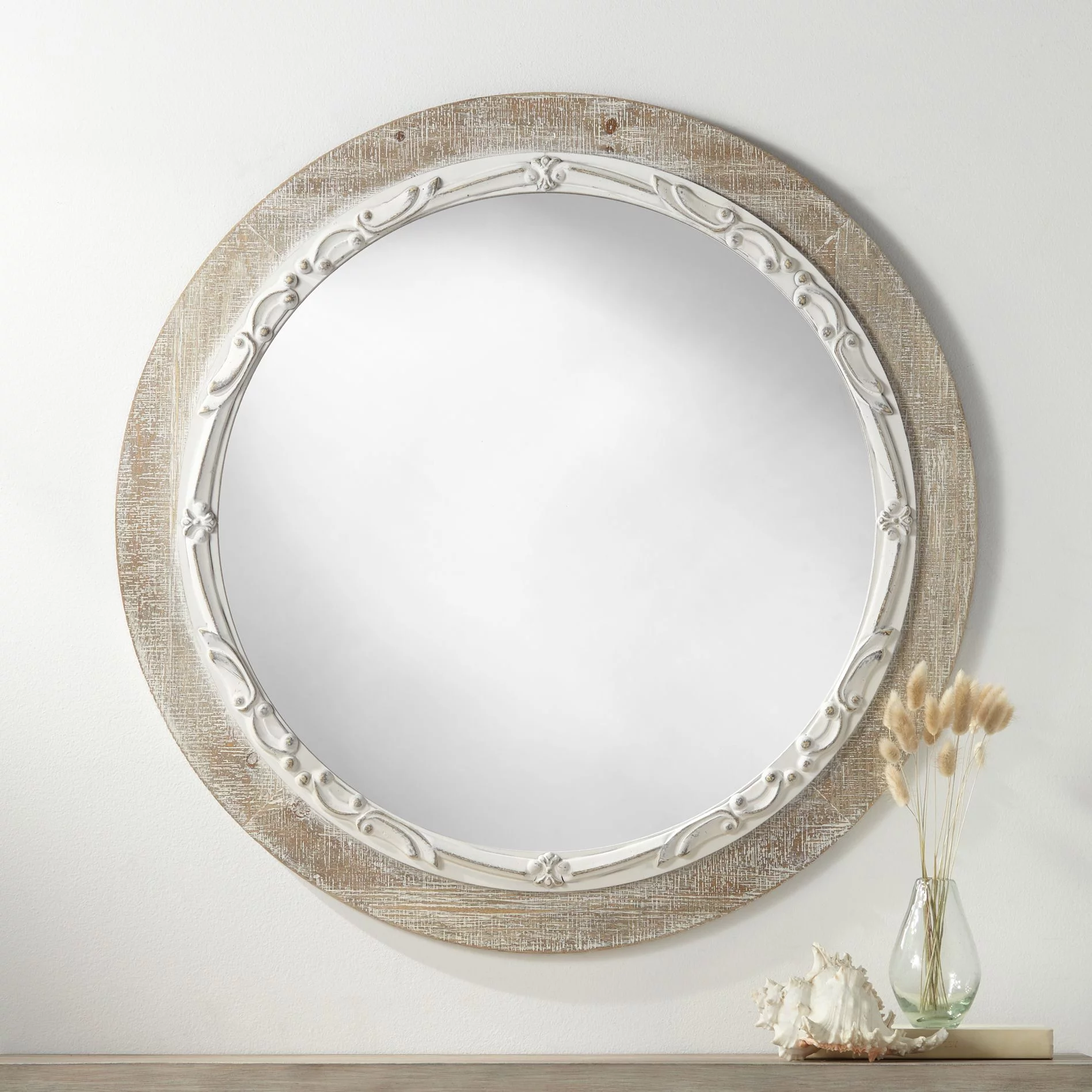 Noble Park Round Vanity Decorative Wall Mirror Vintage Rustic Farmhouse Matte Gray White Washed Wood Frame 32 3/4