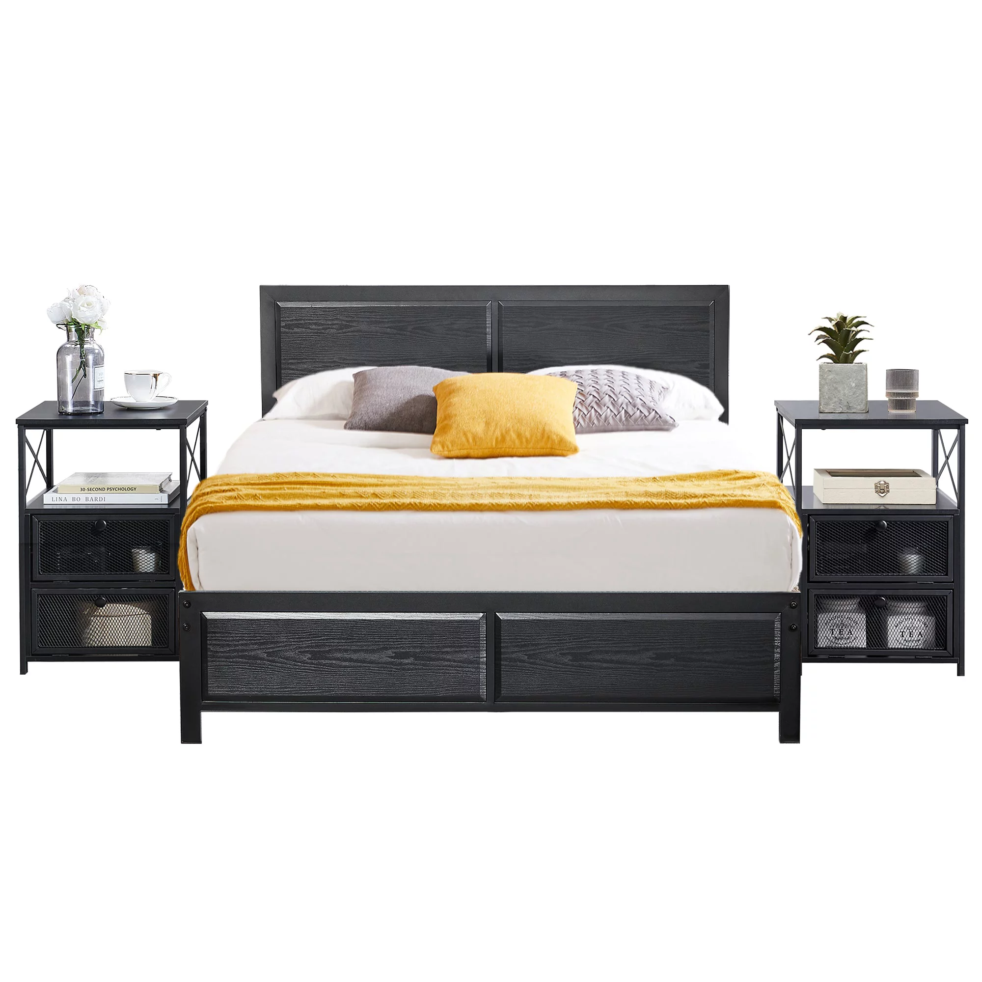 VECELO 3-Piece Bedroom Set Includes Queen Platform Bed Frame and Nightstands with 2-Drawer, Black