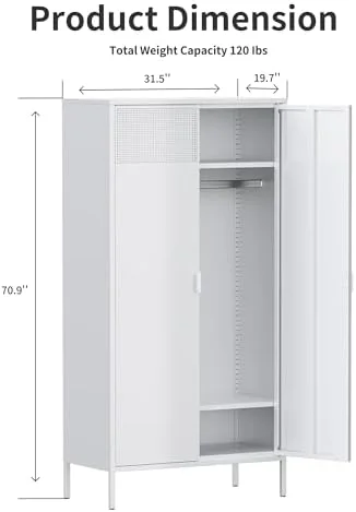 KHBIULIFE Metal Cabinets Locker with Hanging Rod and Adjustable Shelves 71'' Clothing Steel Wardrobe for Home & Office School Employee Gym(White)
