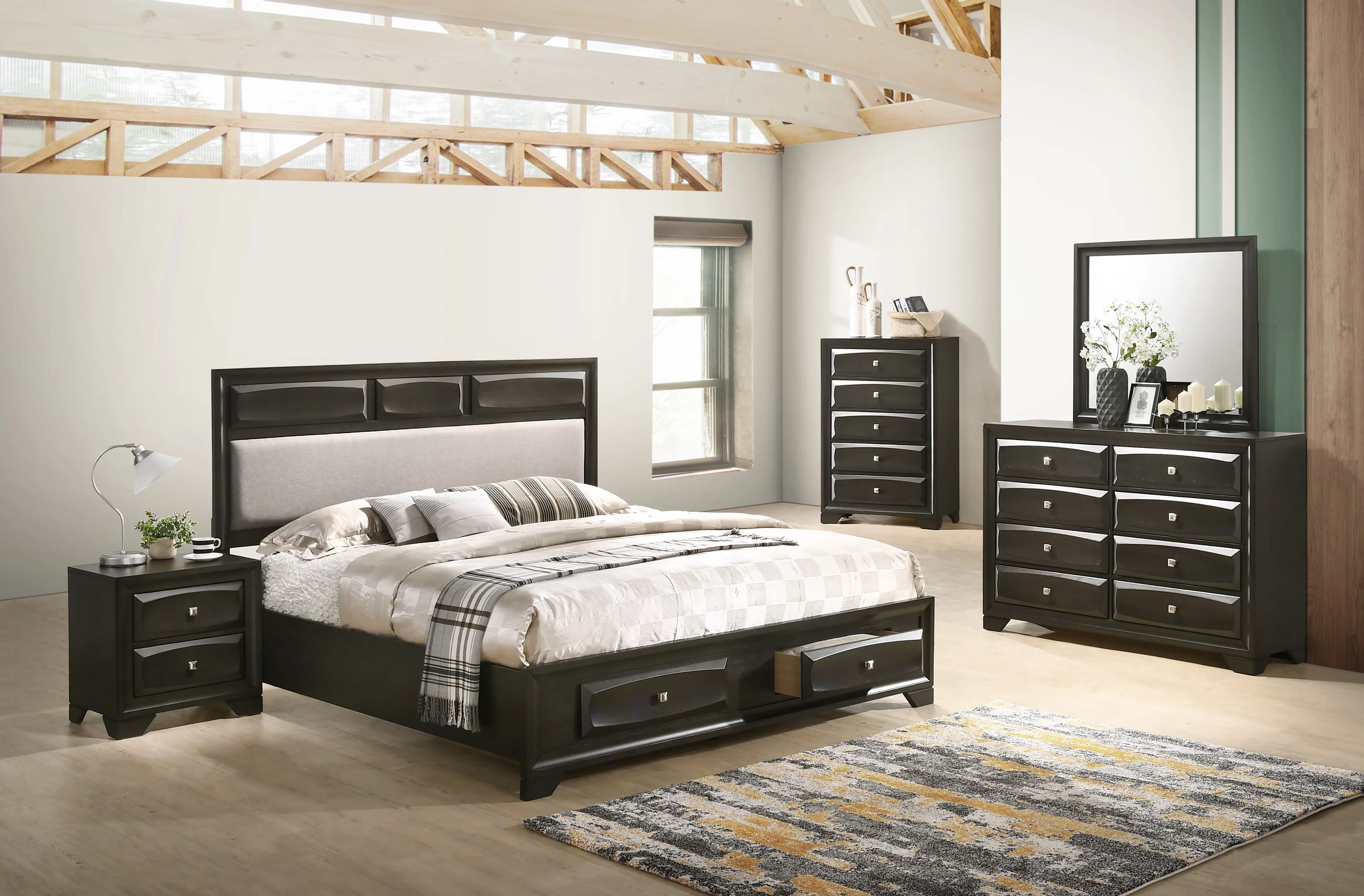 Oakland Wood Bedroom Set with Storage Bed, Dresser, Mirror, Nightstand, Antique Gray Finish, Queen Size