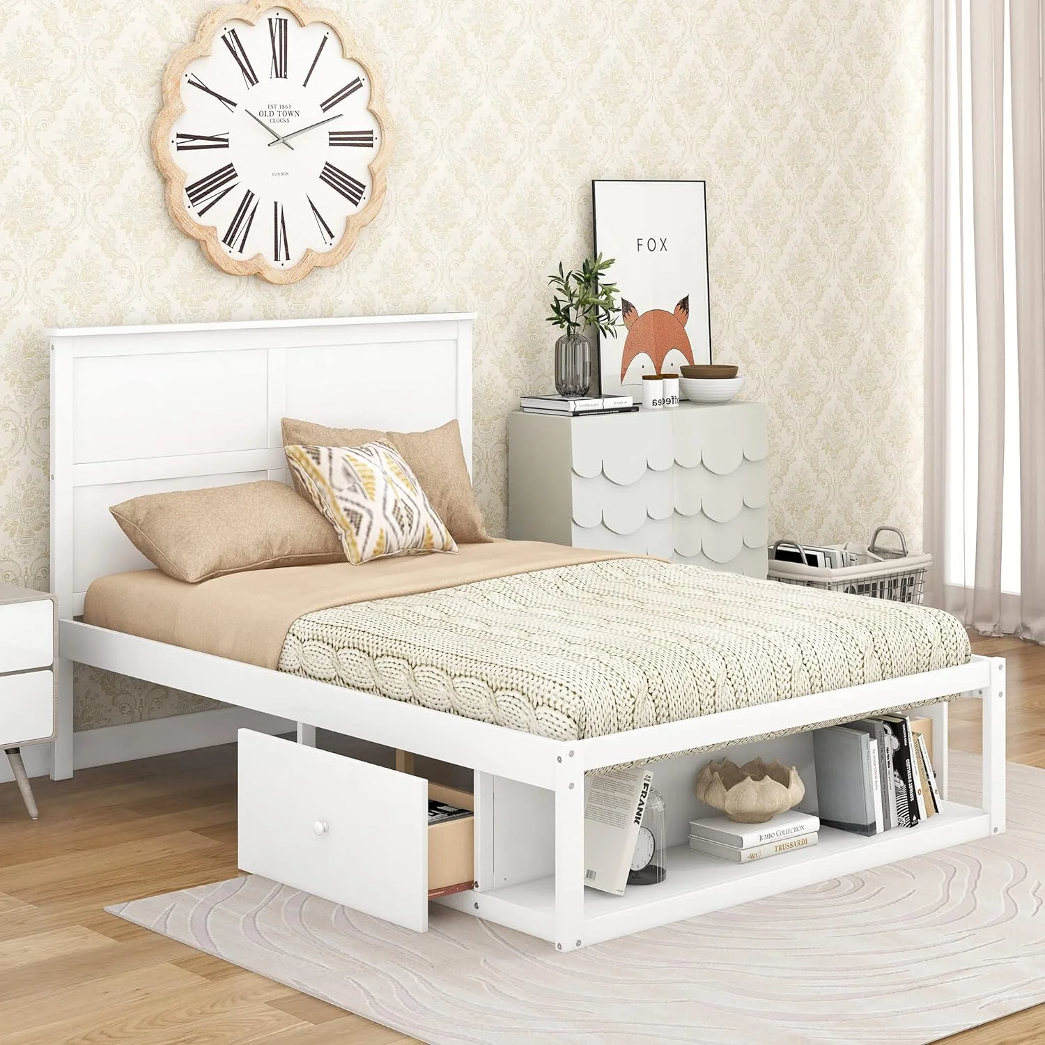 Full Size Bed Frame With Headboard Ad Drawers, Wood Full Bed Frame With Storage, Platform Bed Frame Full With Shelf O The Ed Of The Bed,o Box Sprig eeded,White