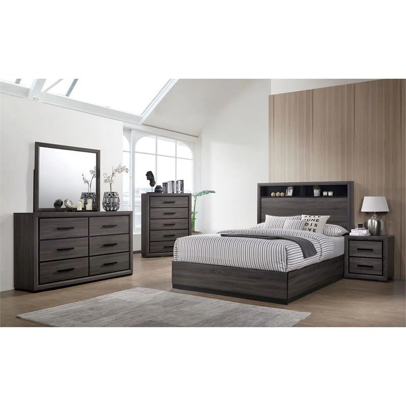 FOA Drummond 2-Piece Gray Wood Panel Bedroom Set - Queen + 1 Nightstand