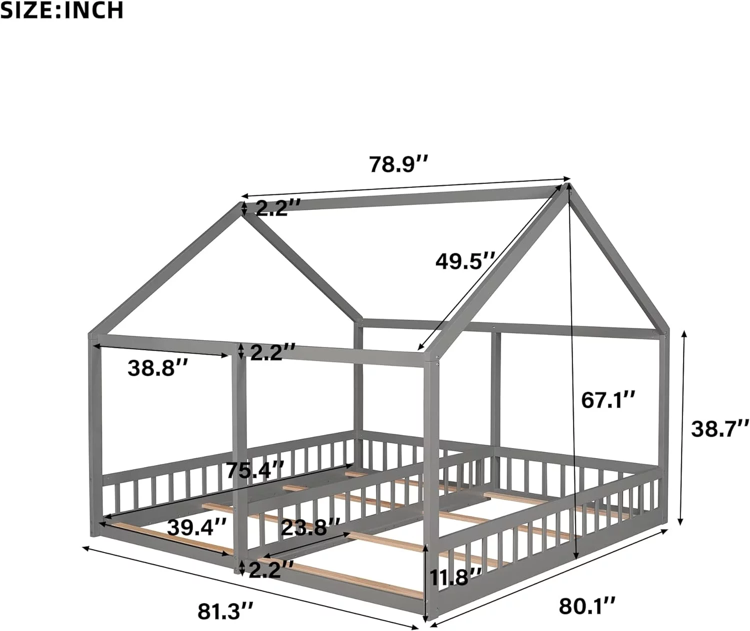 Kids House Bed Frame Wih 2 Plaform Beds,Woode Double Beds Wih riagular Roof,Moessori Floor Bed Wih Rails For Girls Or Boys, o Box Sprig eeded,Grey