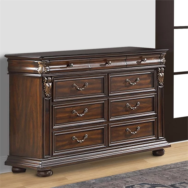 9 Drawer Wooden Dresser with Molded and Carved Details, Brown