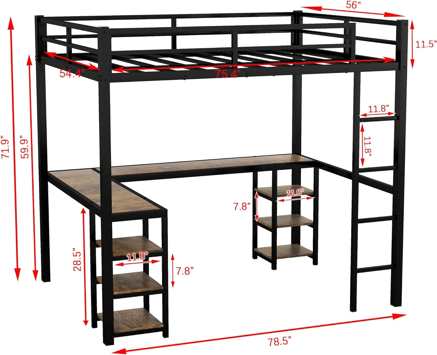 Full Metal Loft Bed With Desk And Shelves, Loft Bed Frame With Built-In Ladders And Guardrails For Teens & Adults, No Box Spring Needed(Black)