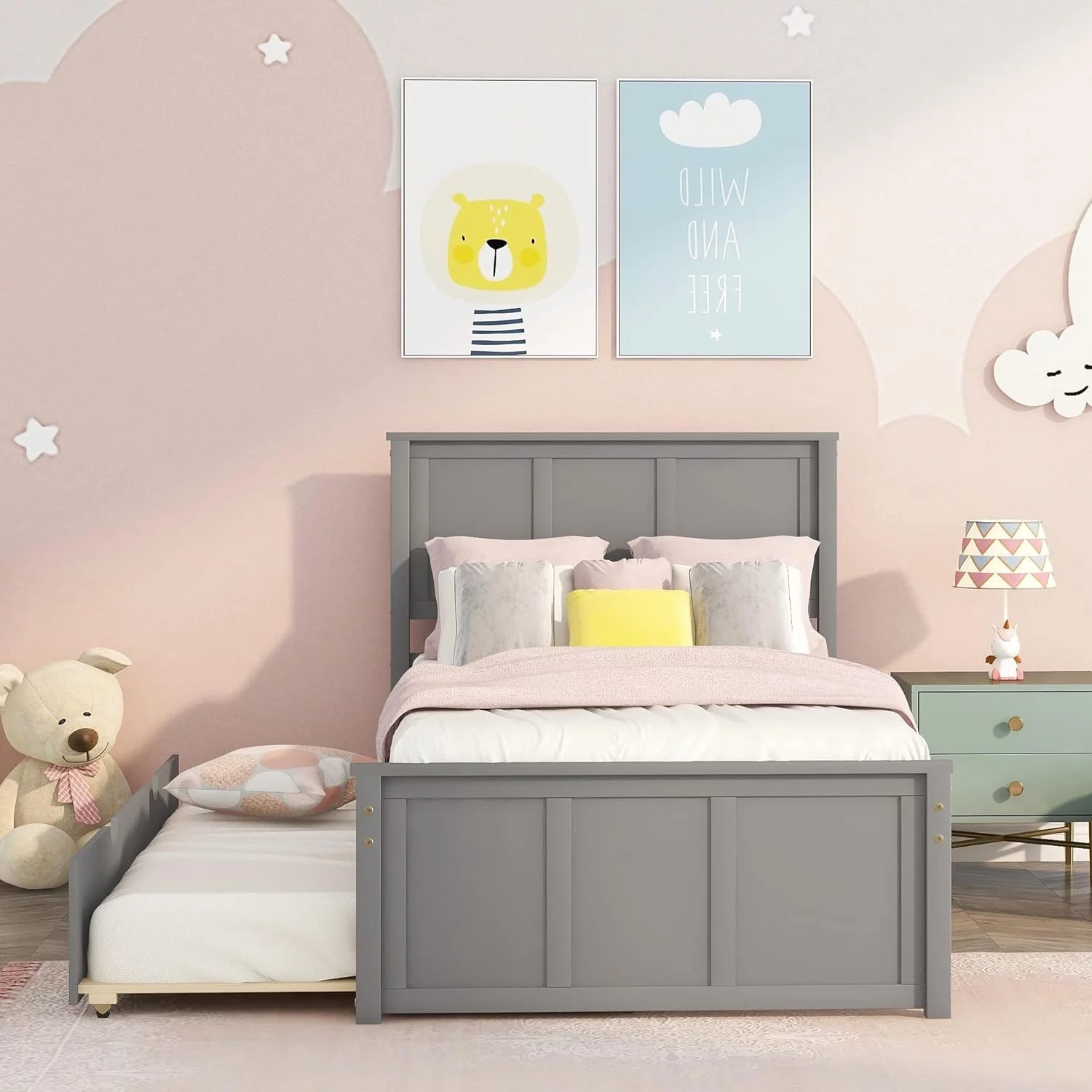 Bed Frame With Trundle, Kids Platform Bed With Pull Out Trundle,Solid Wood, No Box Spring Needed