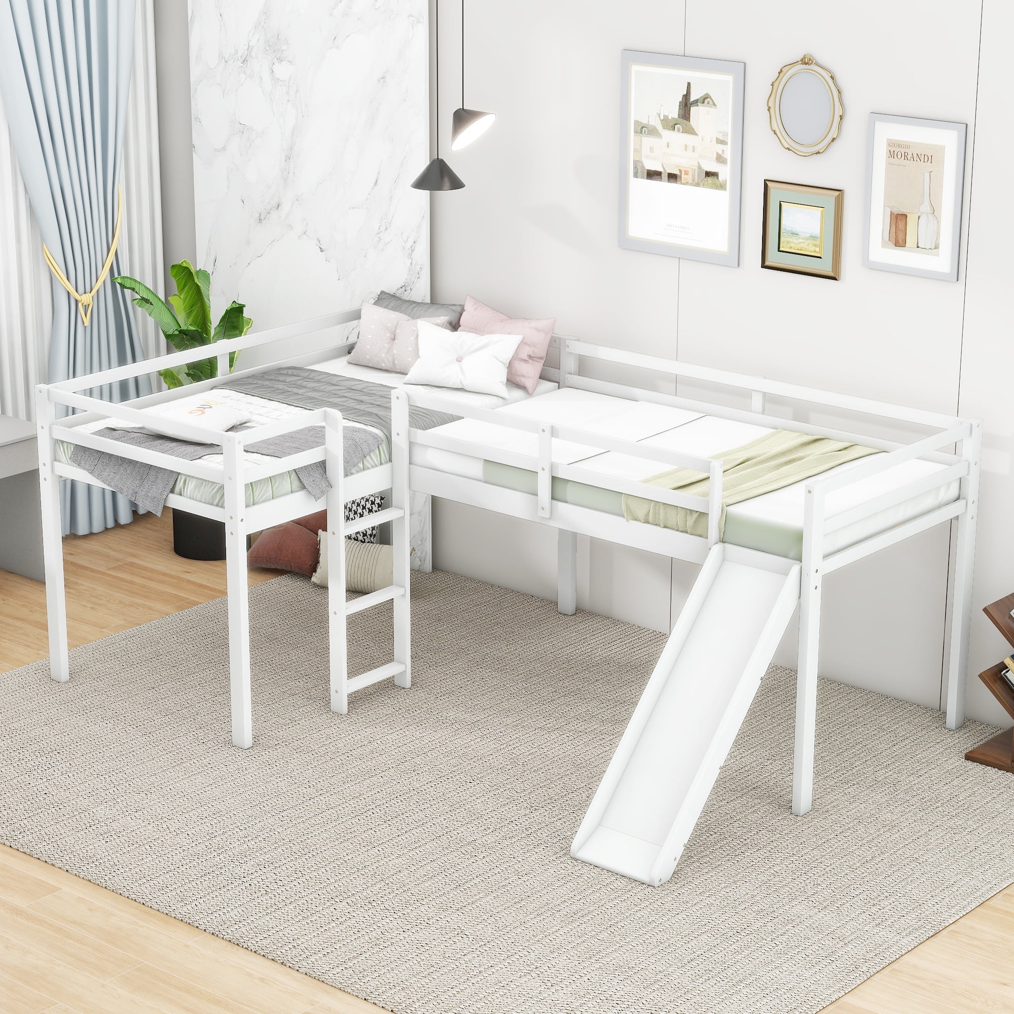 White L-Shaped Twin Loft Bed with Slide and Ladder