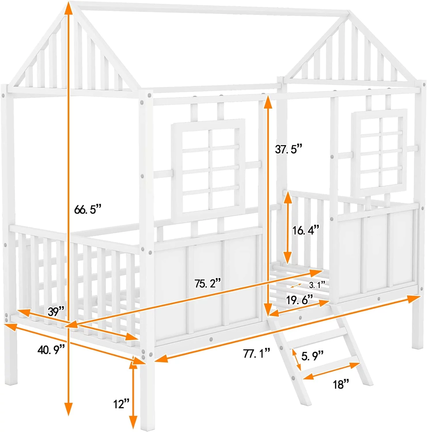 Size Low Loft Bed For Kids, Metal House Bed Frame With Roof And Two Front Windows, House-Shaped Bed Frame With Guardrail For Kids Toddlers Teen (White)