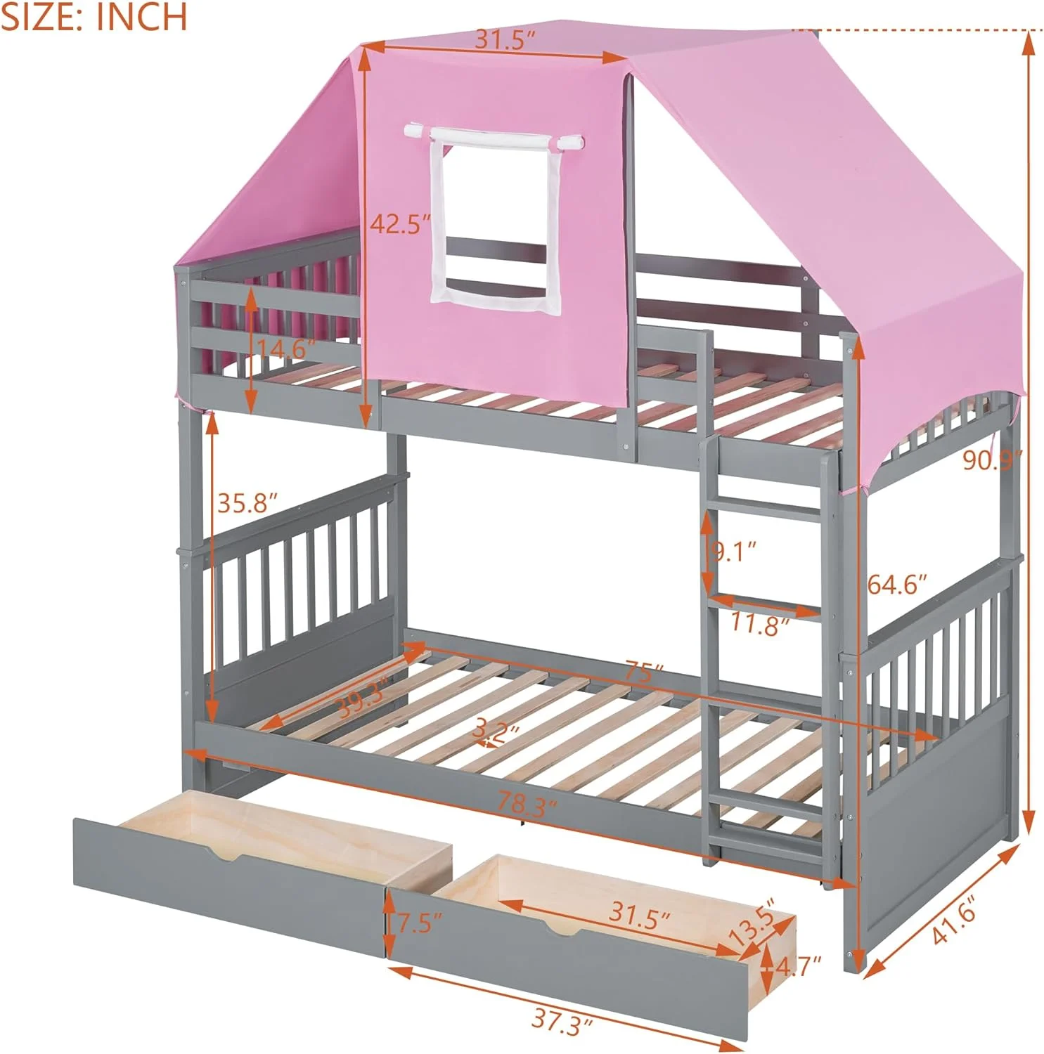 House Buk Bed Wih Sorage, Over Buk Bed Wood Frame Wih e Ad Drawers, Ca Be Separaed, oise , Easy Assembly, Gray+ e