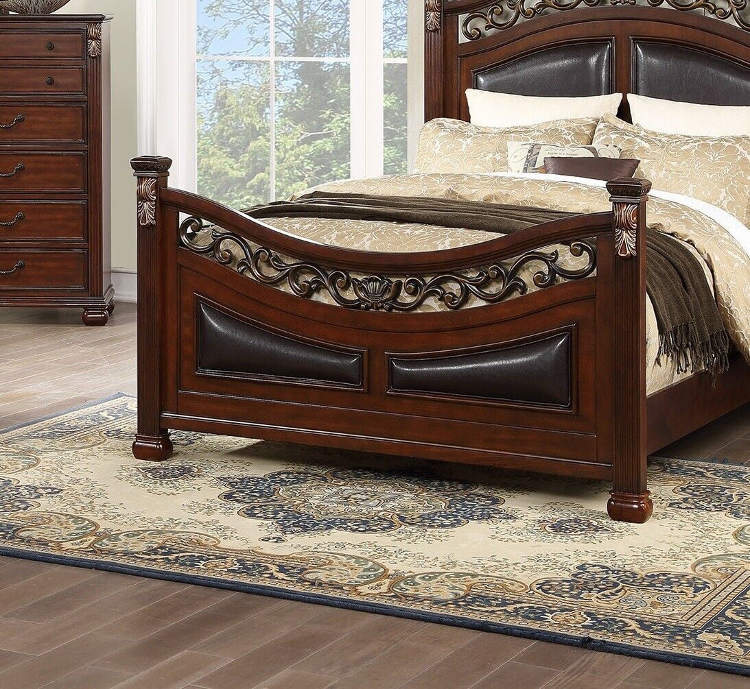 Traditional 1pc Bed Classic Brown Finish Queen Size Bed Posts Antique Carved Design Bedroom Furniture Wooden