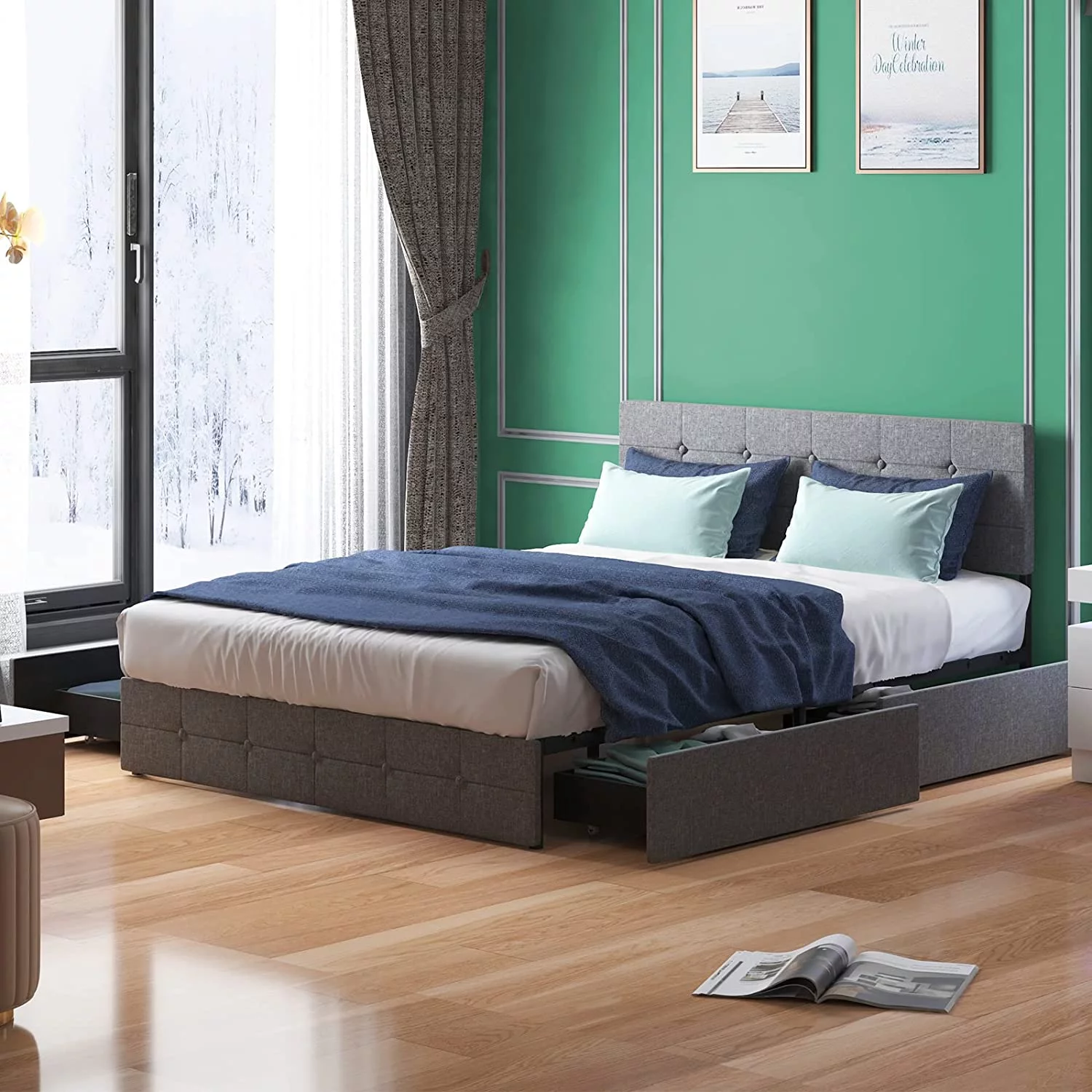 ZAFLY Platform King Bed Frame with Linen Fabric Adjustable Headboard,King Size Bed Frame with 4 Storage Drawers,Square Stitched Button Tufted Design,Wooden Slats Support,No Box Spring Needed,Dark Grey