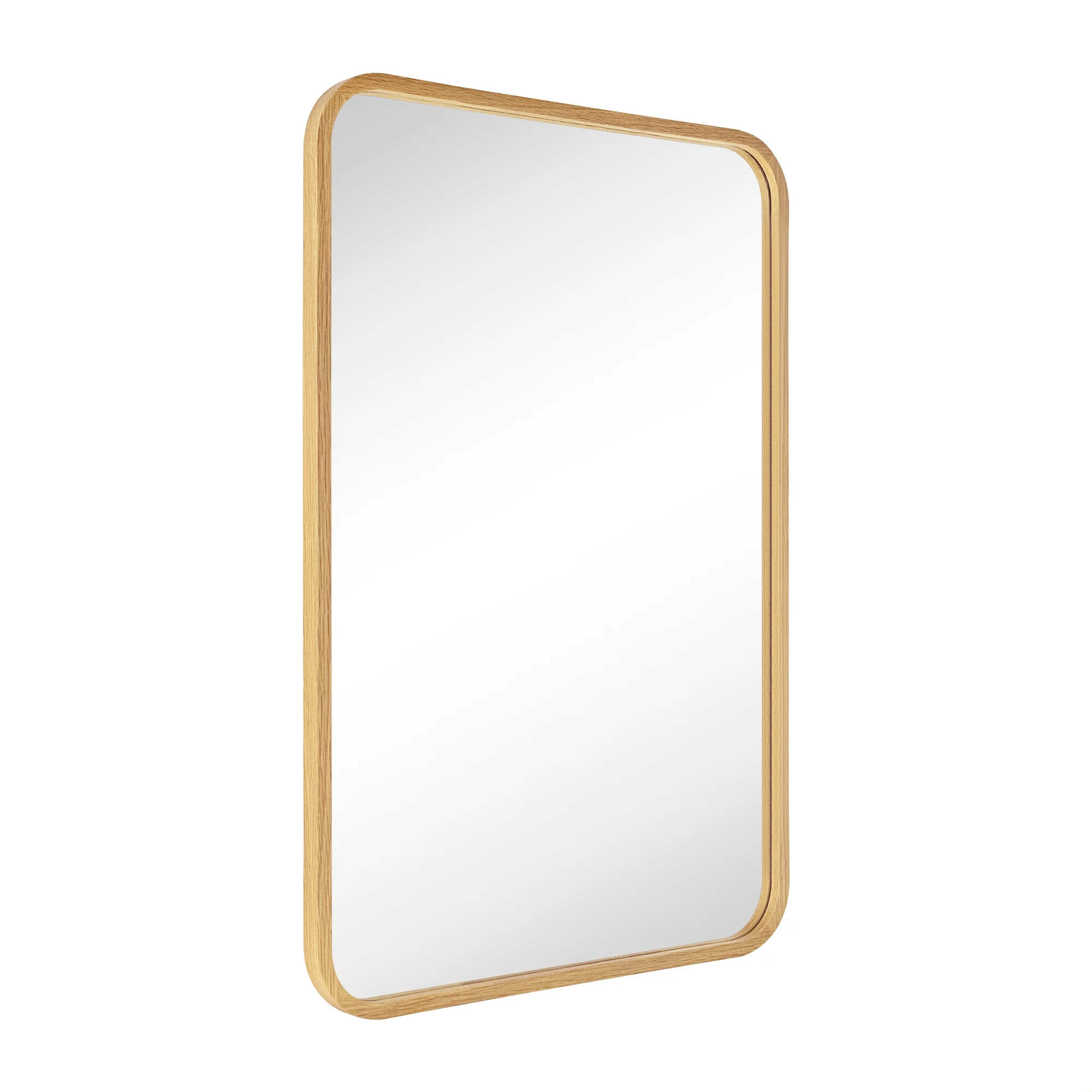 EGHOME Natural Oak Wood Mirror Solid Wood Framed Rounded Rectangle Bathroom Mirror Oak Wood Frame Vanity Mirror 24x36''