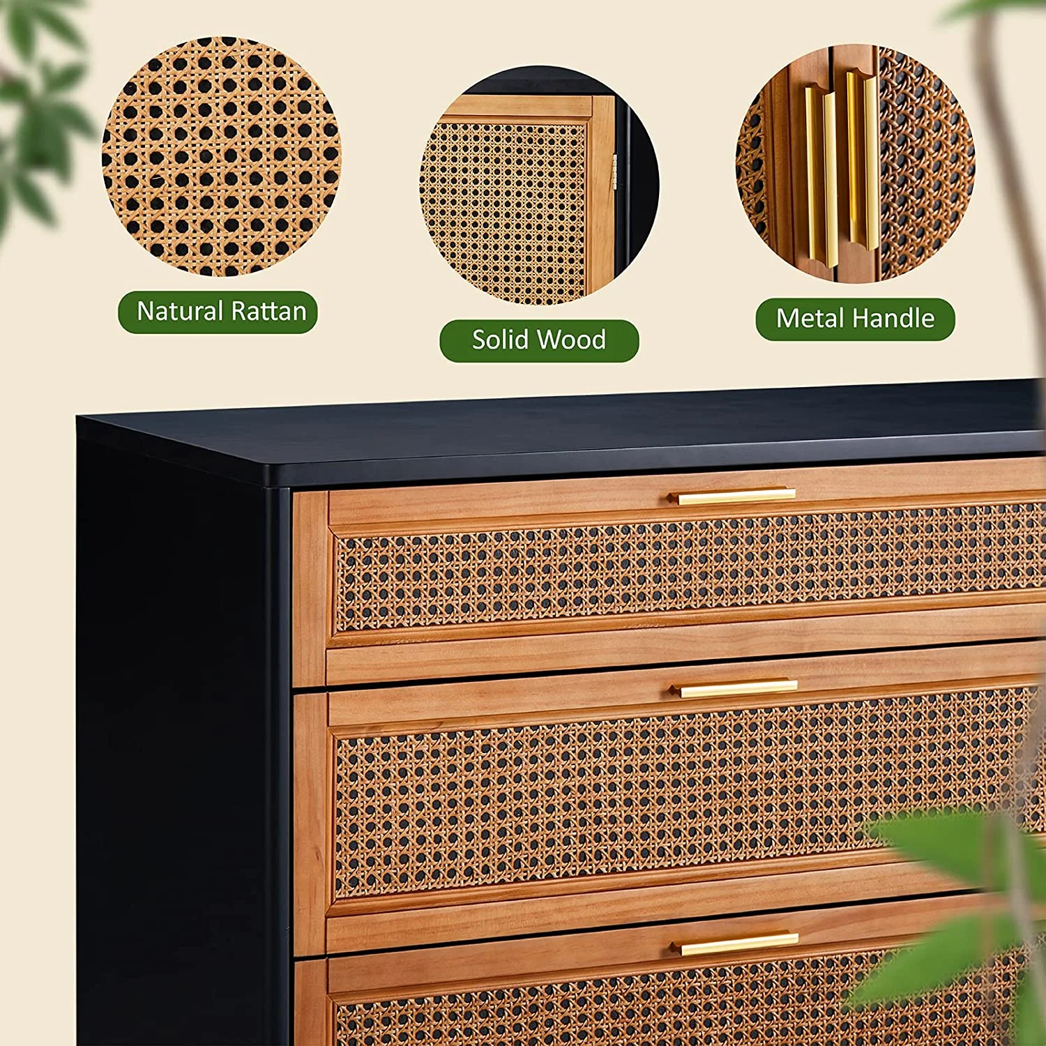 AMERLIFE Rattan Dresser with 6 Drawers for Living Room, Entryway, Hallway, Black