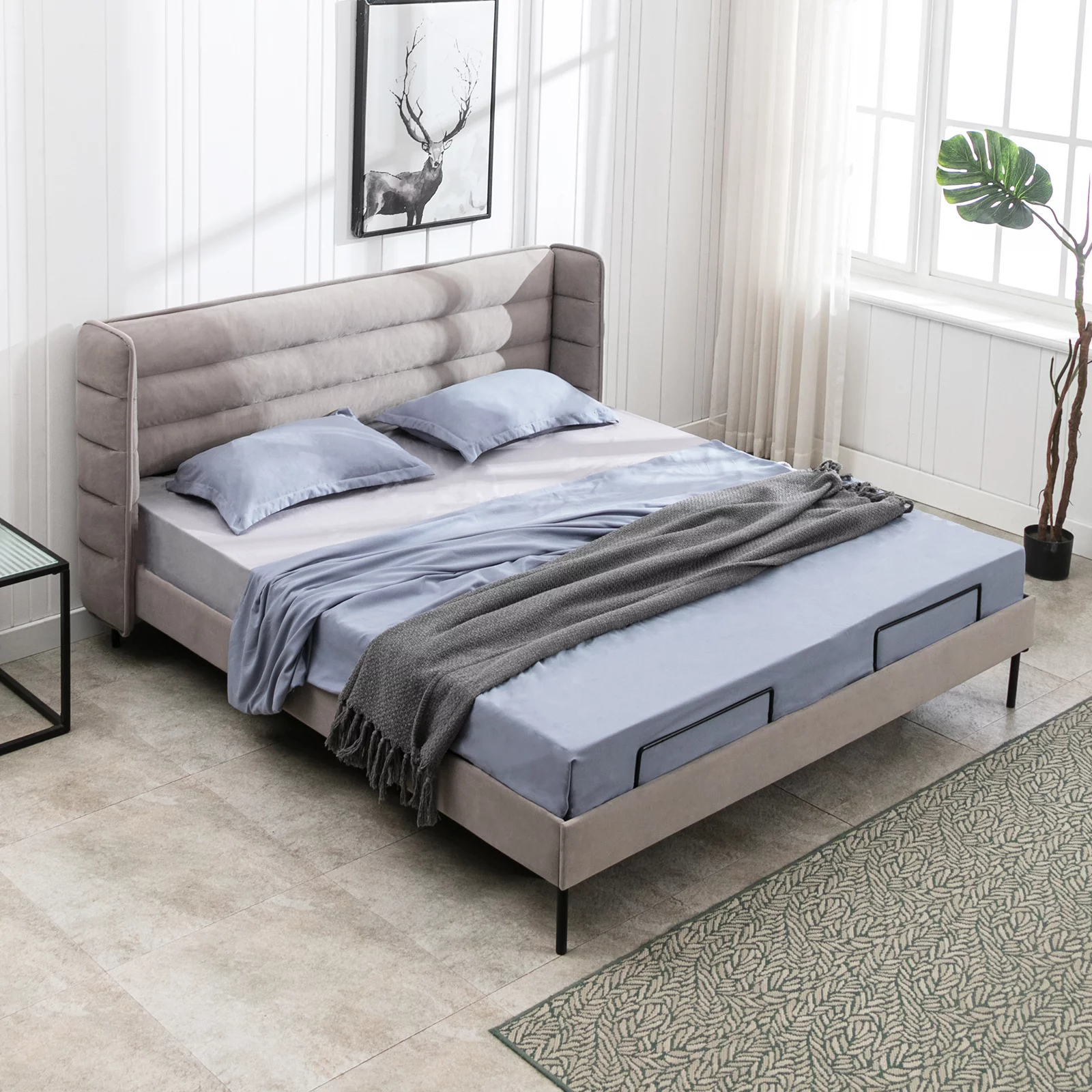 MUZZ Modern Design Luxury Queen Size Motorized Adjustable Bed Base Frame with Head and Foot Incline,Smart Electric Bed with Wireless Remote(Queen/Light Grey)