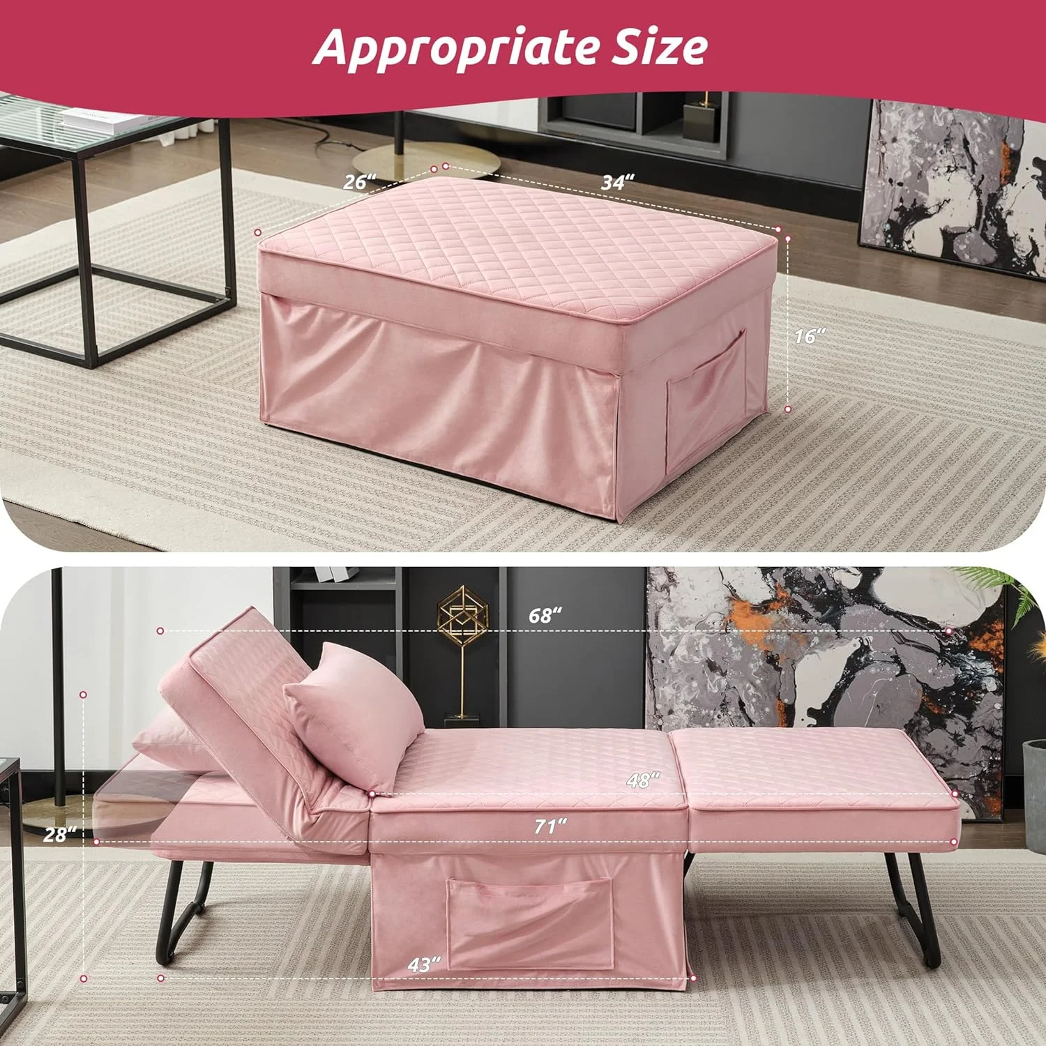 Folding Ottoman Sofa Bed, Convertible Chair 4 In 1 Multi-Function Ottoman, Couch Bed With 6 Position Adjustable Backrest, Imitation Flannel,