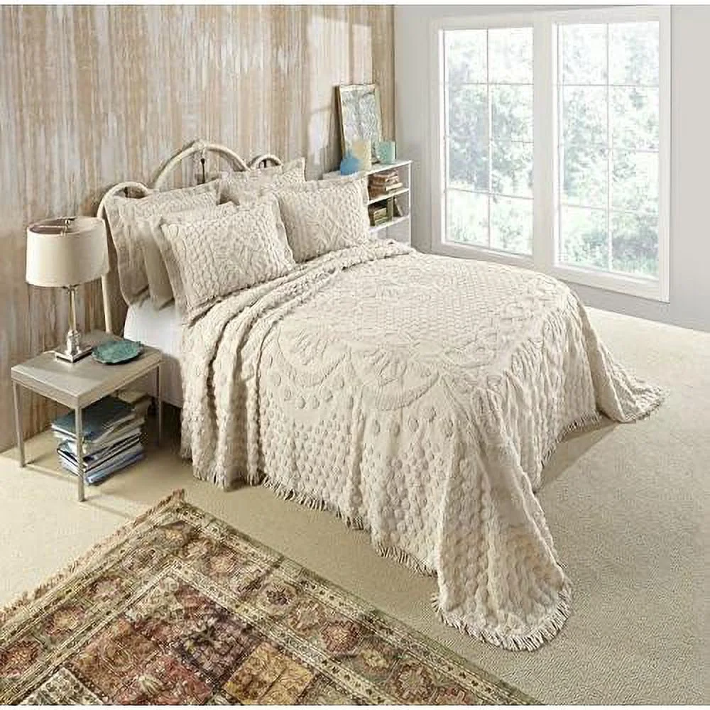 Cotton Chenille Bedspread King, Beige
