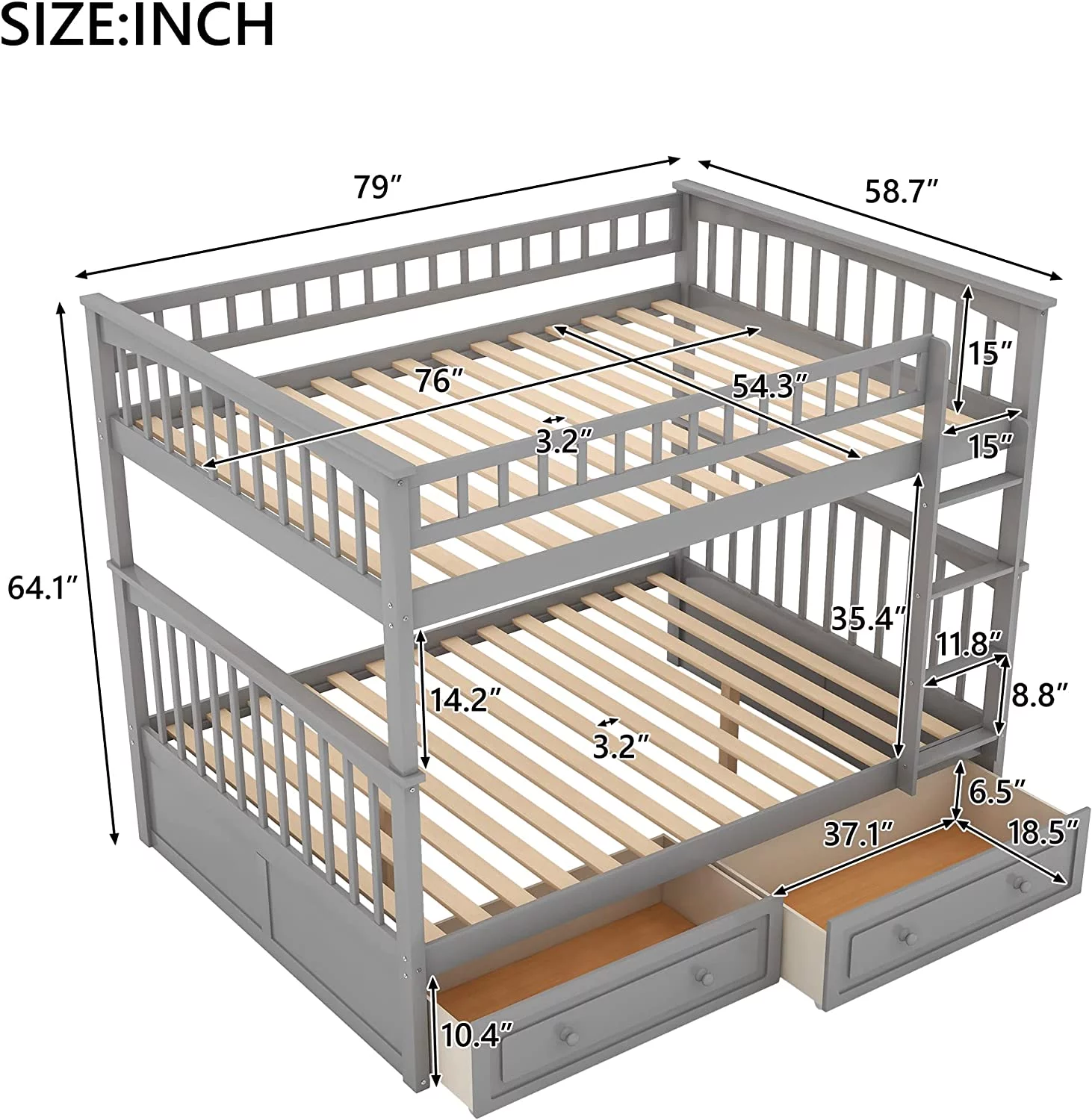 Kids Bunk Beds With 2 Drawers, Solid Wood Convertible Two Full Size Daybeds, Full Over Full Teens Bedroom Bed, Frame With Ladder, Safety Rail For Teens Adults (Grey)