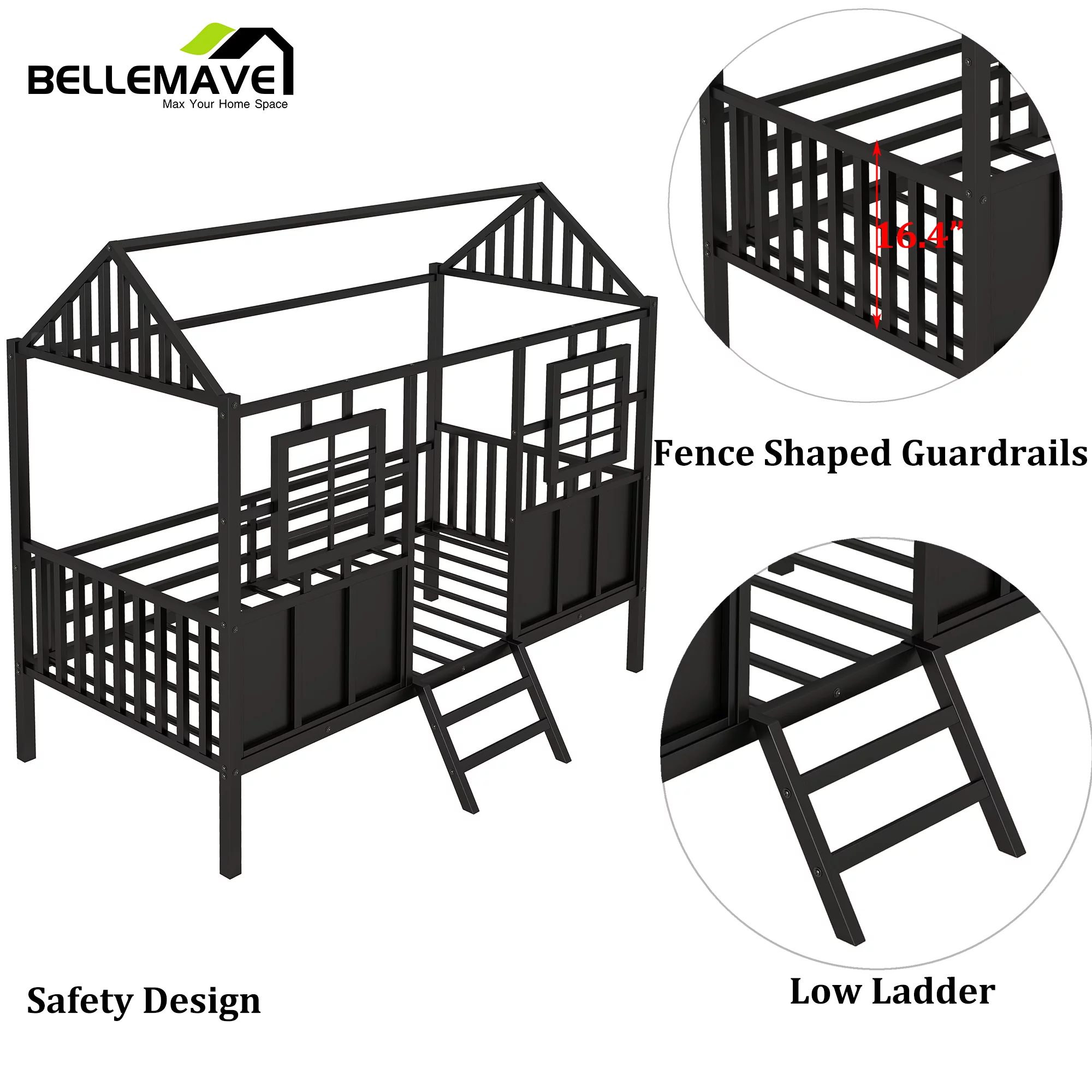 Metal Loft Bed Twin/Twin Size House Bed frames, Kids Loft Bed with Ladder, Roof and Fence-Shaped Guardrail, 2Front Windows, Metal House Bed for Kids, Girls, Boys(Black)