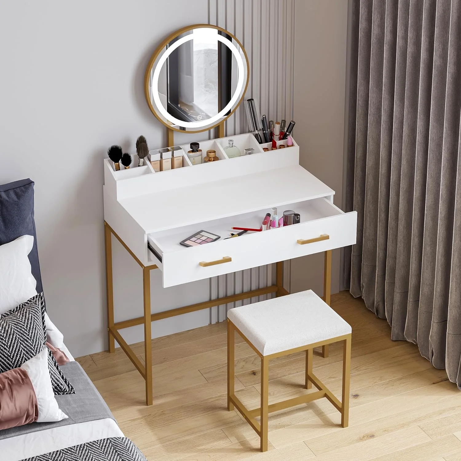 Spirich Home Makeup Vanity Desk with Mirror and Lights, Makeup Vanity Set with Drawers, Small Makeup Vanity Table, 3 Lighting Modes Dresser Desk and Cushioned Stool Set for Bedroom White