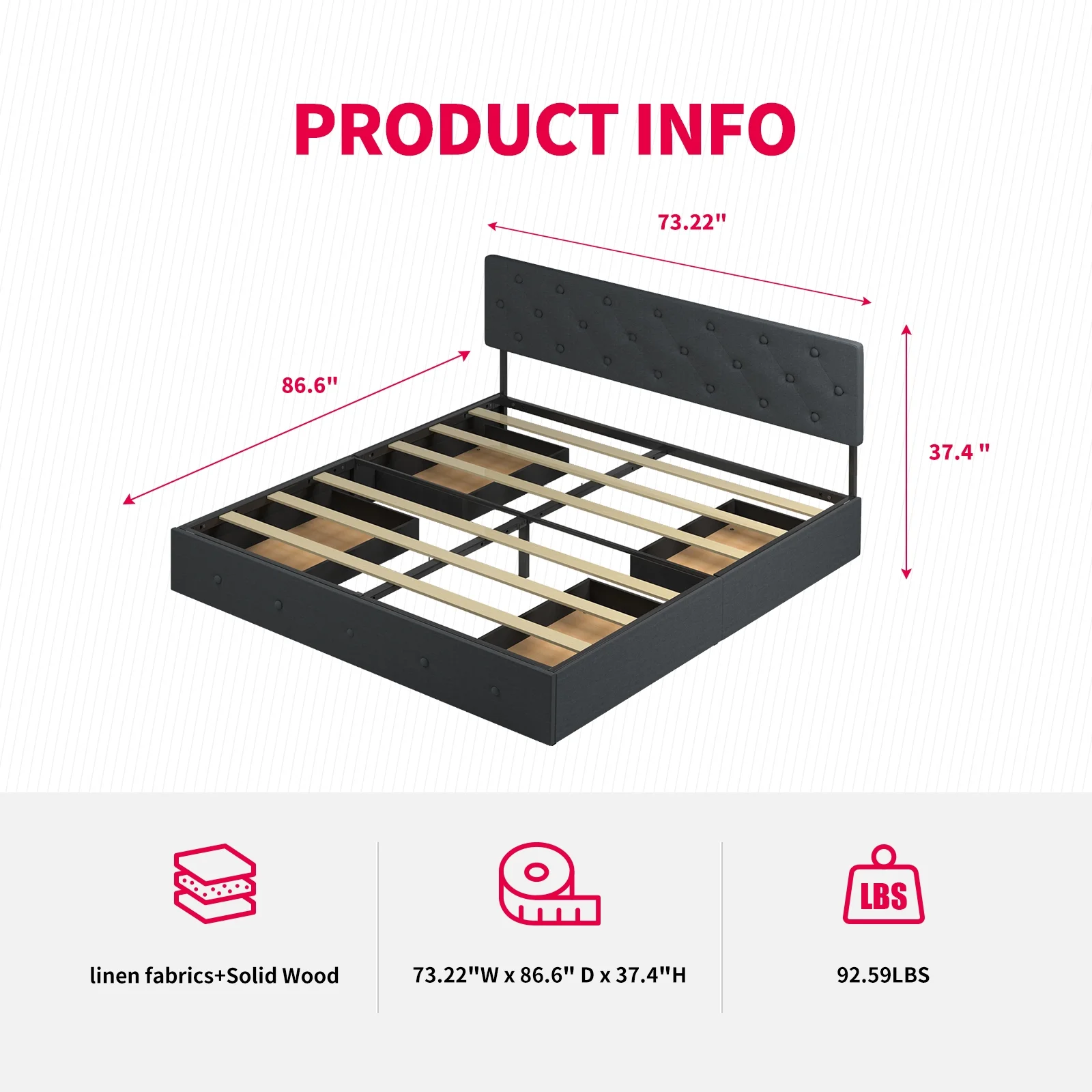 MUZZ Cal King Size Bed Frame with 4 Large Storage Drawers (Dark Grey)