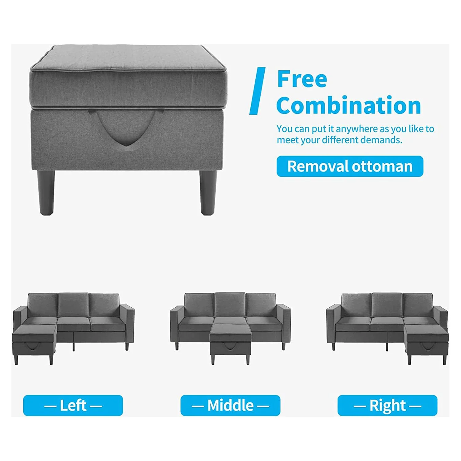 Mjkone Convertible Sectional Sofa Couch with Storage Ottoman, 3 Pcs Couch Set with Storage Pockets, Sectional Couches for Living Room, 3-Seater + Ottoman + 1-Loveseat (Dark Gray)