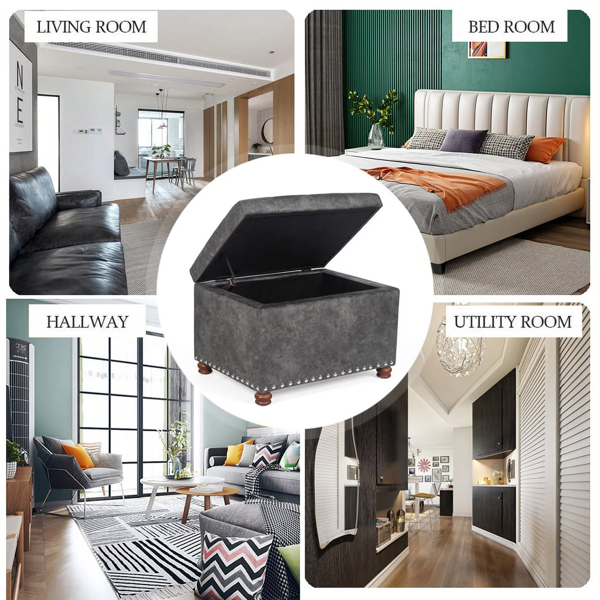 Homebeez Leather Storage Ottoman Folding Upholstered Foot Rest Stool,18 inch Footstool Bench for Bedroom Hallway
