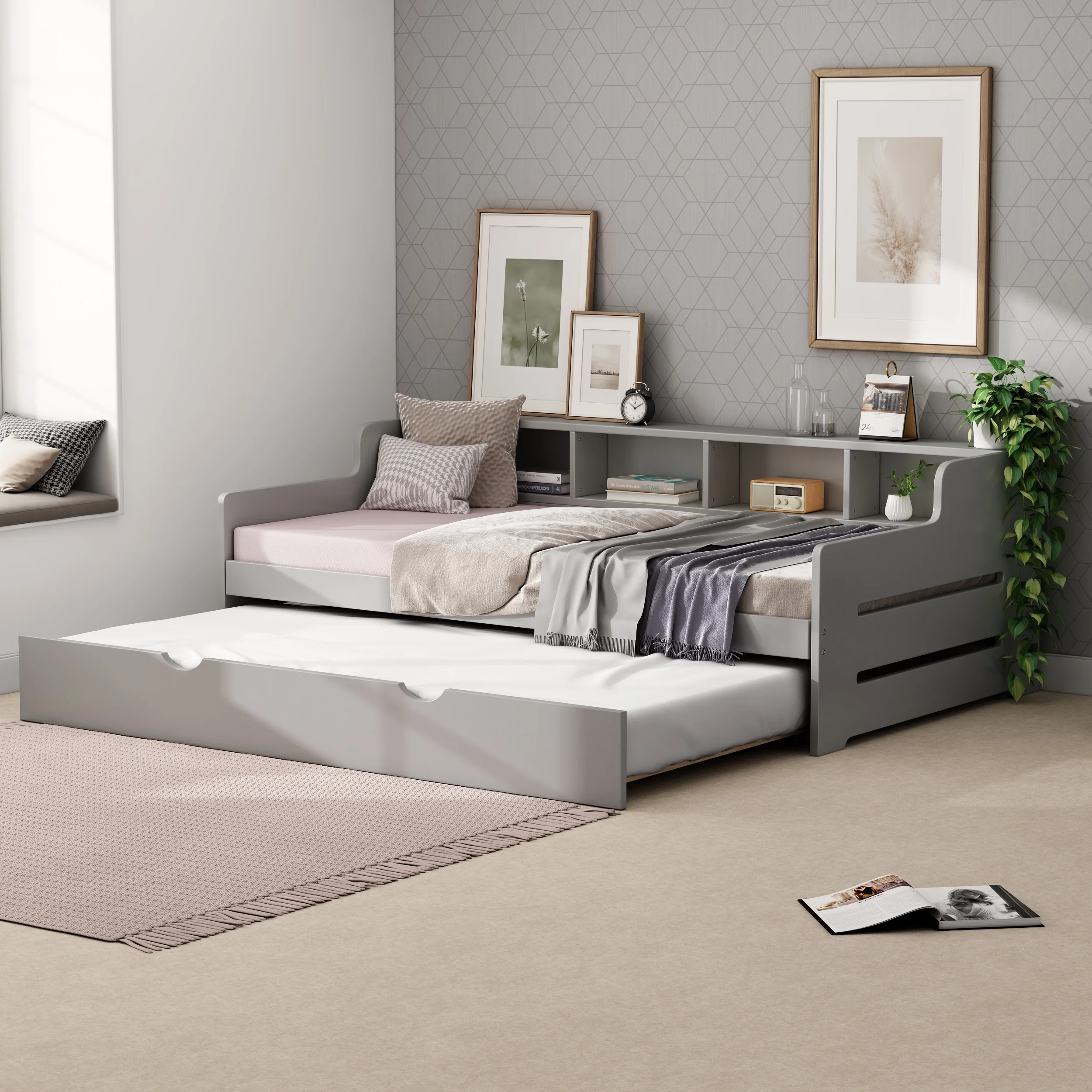 CoSoTower Twin Size Wooden Day Bed with Trundle for Guest Room, Small Bedroom, Study Room, Gray