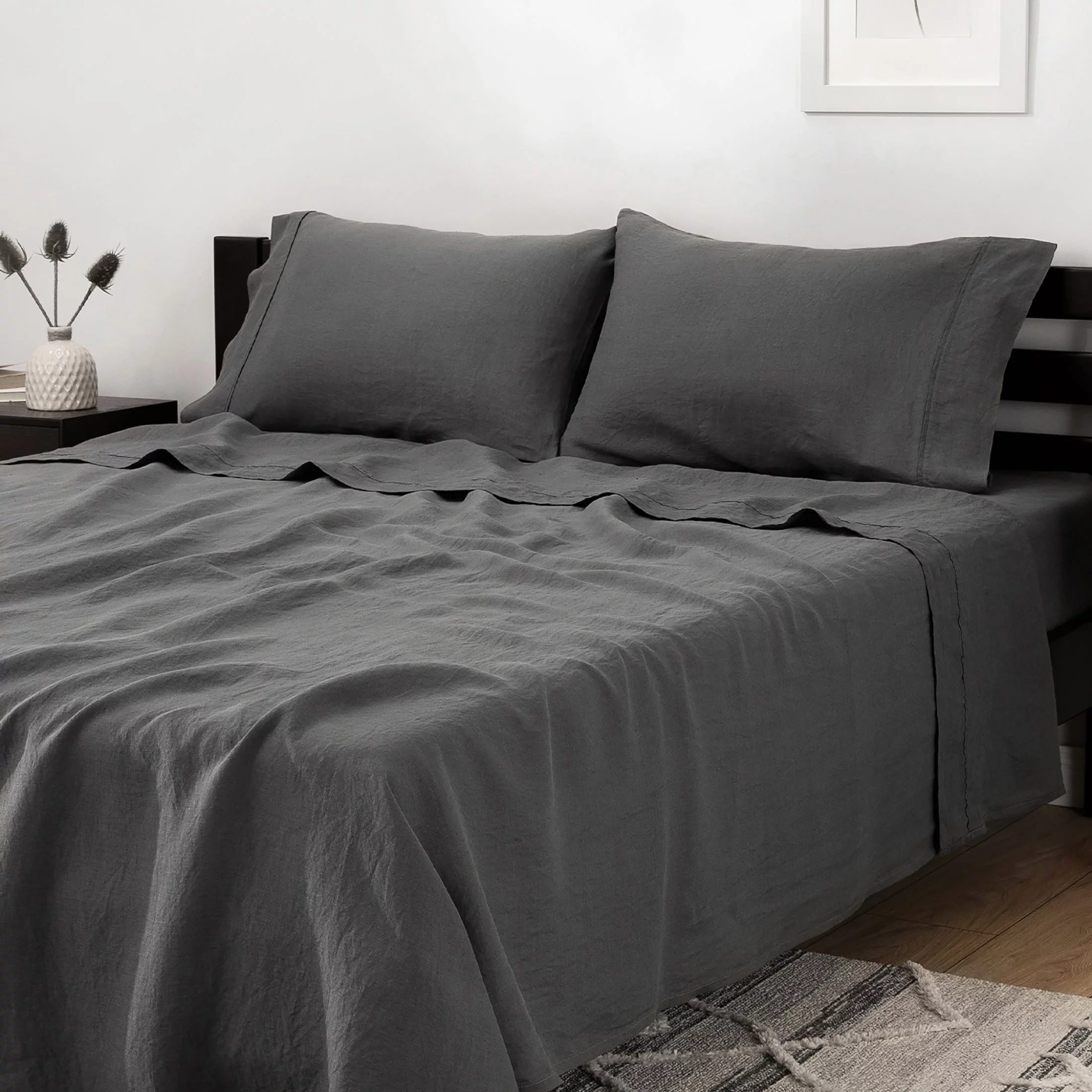 Mellanni 100% Flax Linen 4-Piece 135 GSM Gray Linen Sheet Set, King - Deep Pocket