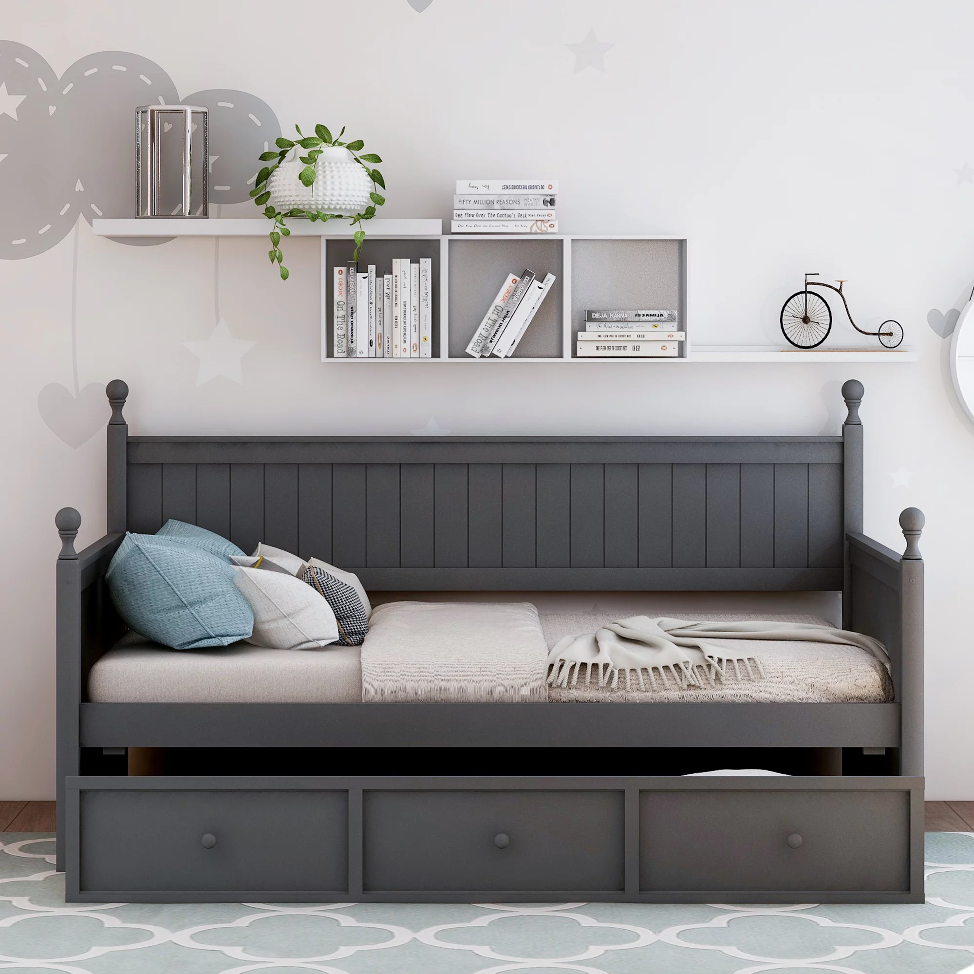 Twin Size Daybed with 3 Drawers, Wood Twin Bed Frame for Kids Teens, Twin Size Sofa Bed with Storage, KAMIDA Daybed Frame Furniture for Bedroom, No Box Spring Needed, 80.5