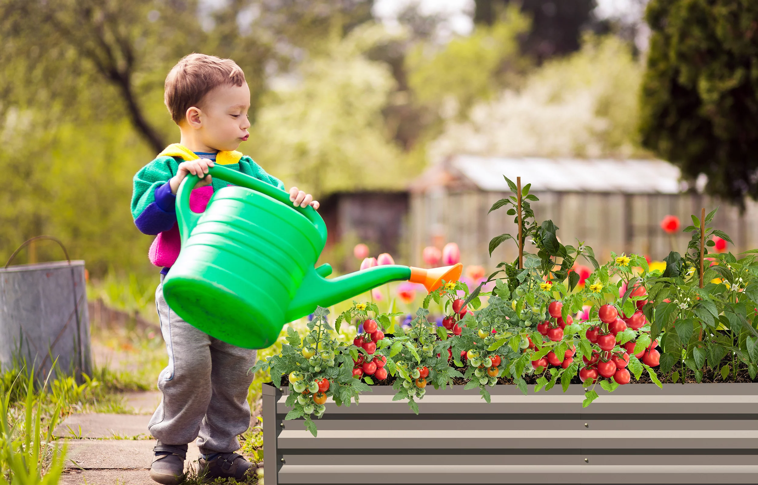 AMOBORO 8x4x1ft Outdoor Metal Raised Garden Bed Planter Box for Vegetables, Flowers, Herbs w/ 3 Tomato Cages Brown