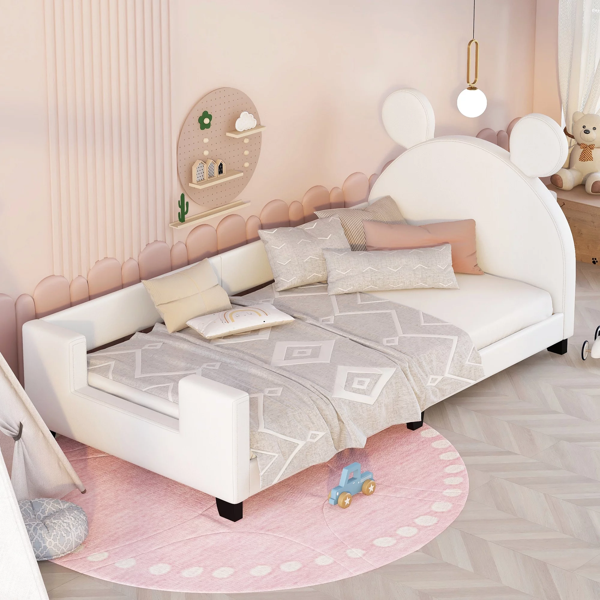 Leadzm Twin Size Upholstered Daybed with Carton Ears Shaped Headboard White