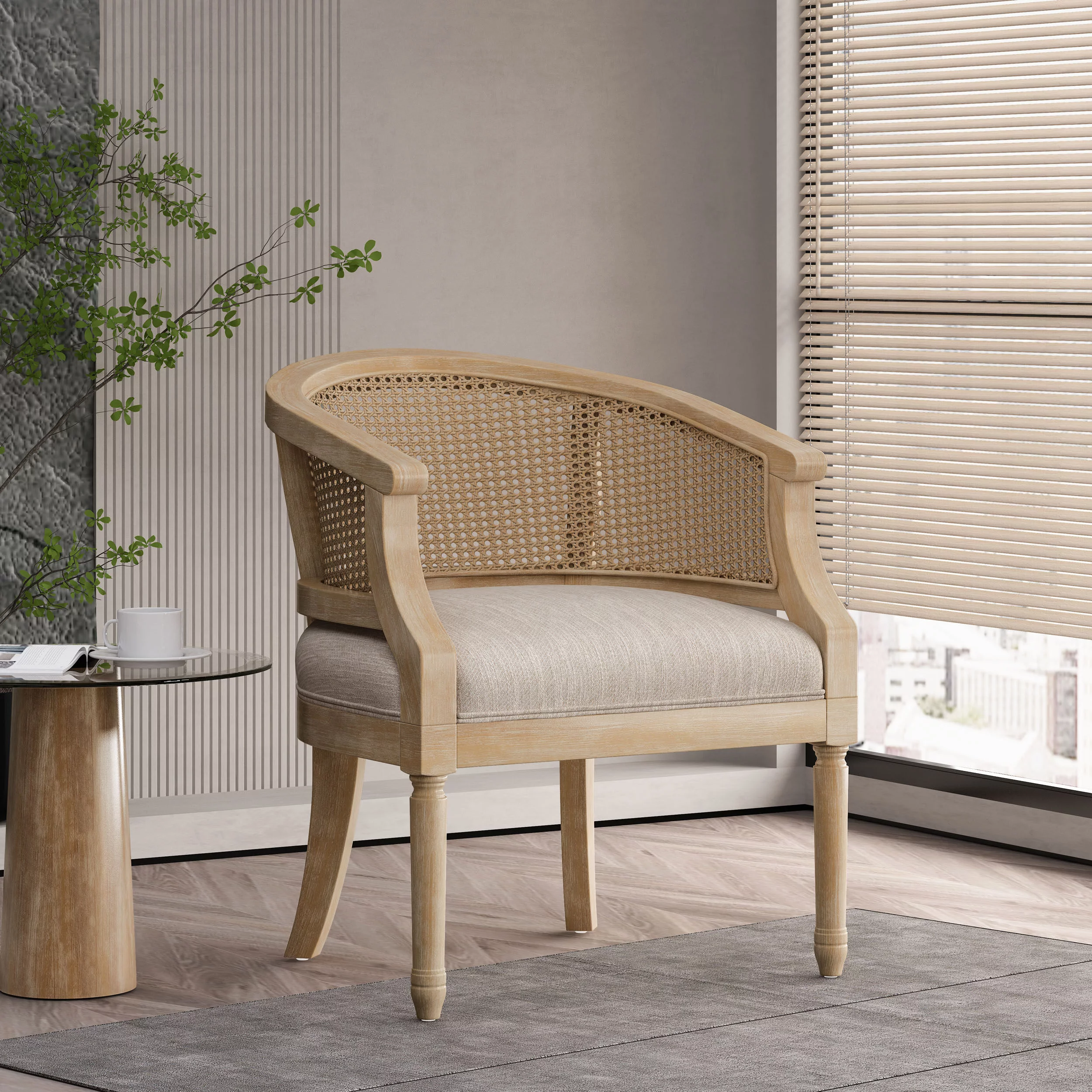 Noble House Silkie Wood and Cane Club Chair, Beige and Natural