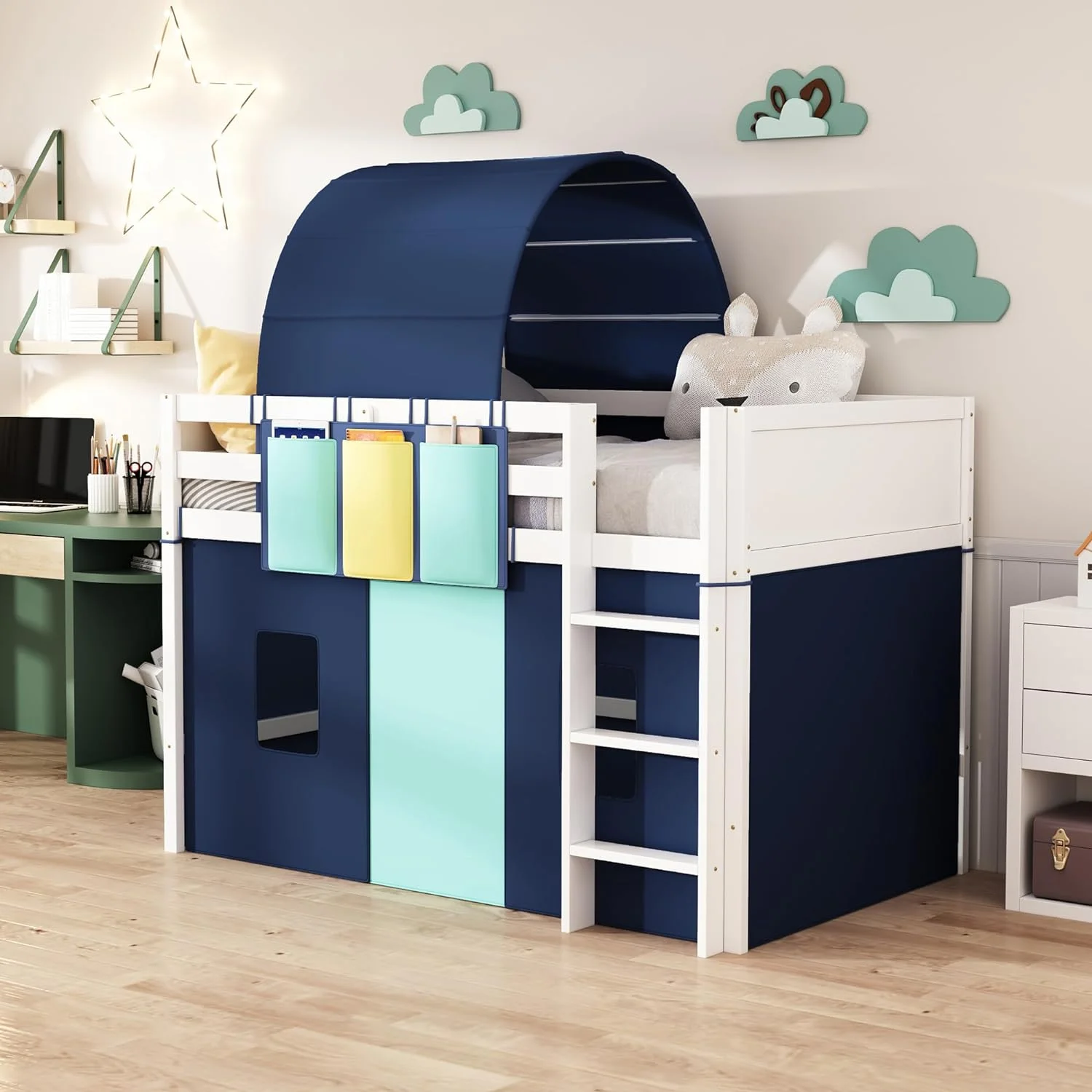 Low Loft Bed Frame With Tent & Tower, Wood Kids Loft Bed With Three Pockets, Storage Bed Frame For Kids,Teens, Boys Girls, Blue