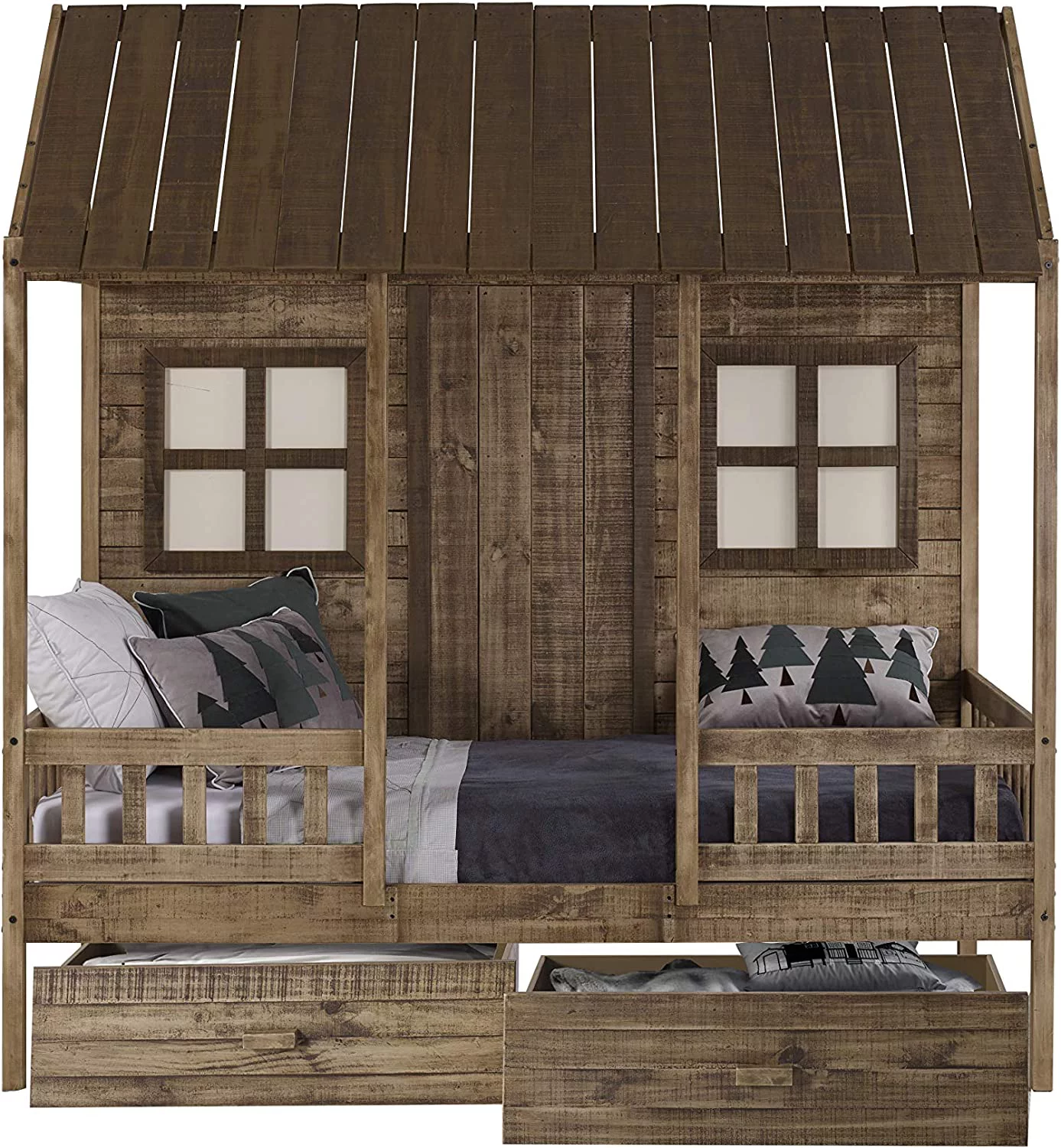 Twin Front Porch Low Loft In Rustic Driftwood Finish W/Dual Underbed Drawers
