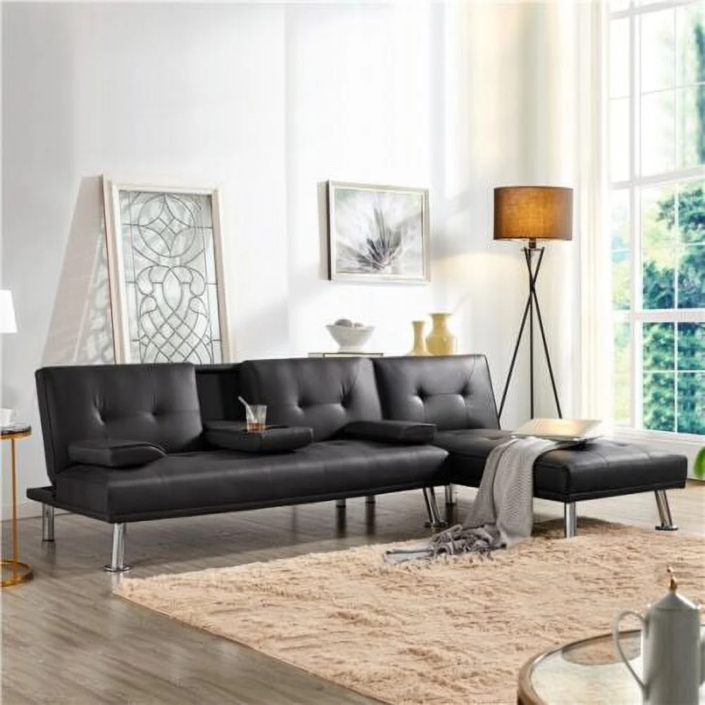 Black Faux Leather Sectional Sofa Daybed Convertible Couch Sleeper