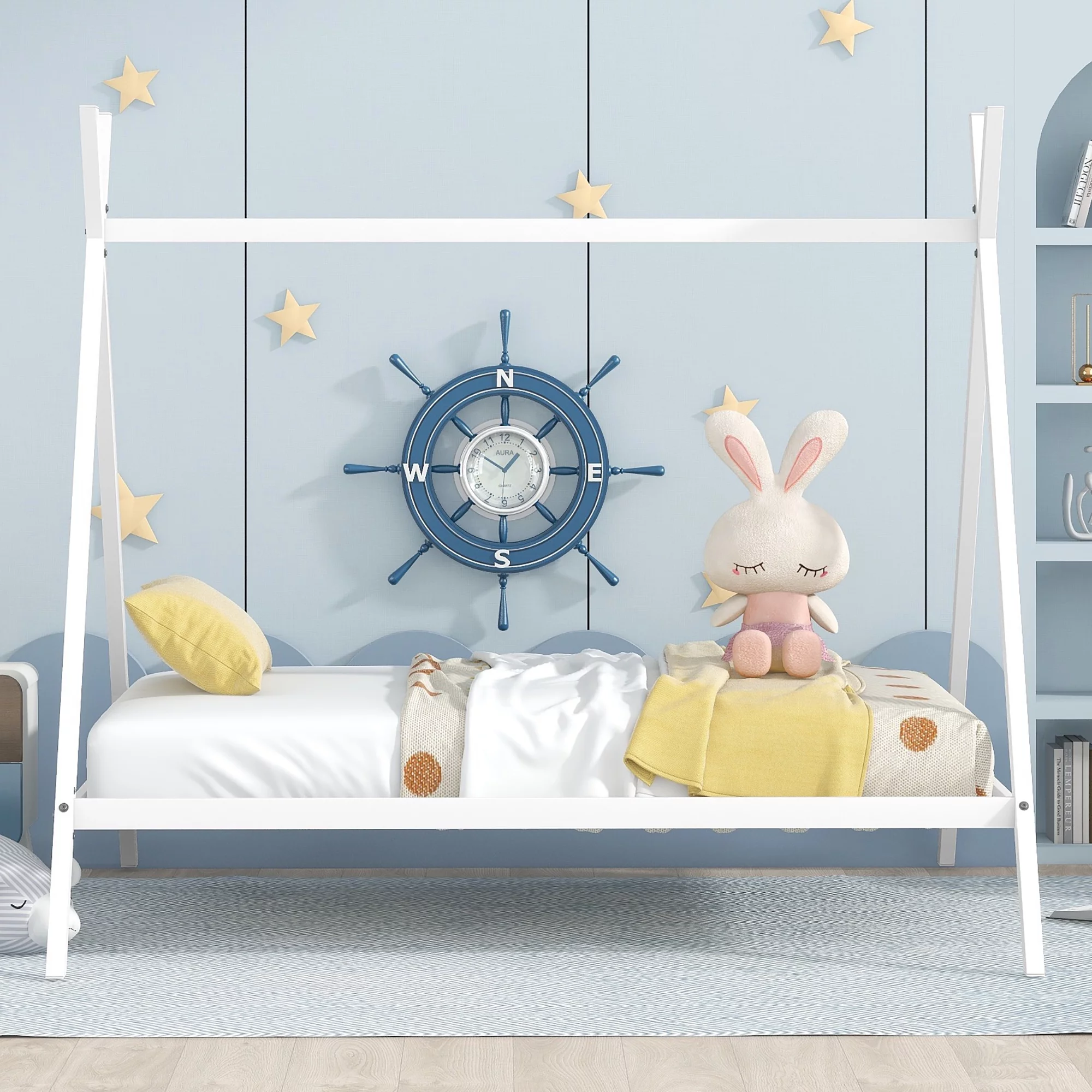 MOLES House Bed Tent Bed Frame Full Size Metal Floor Play House Bed with Slat for Kids Girls Boys , White