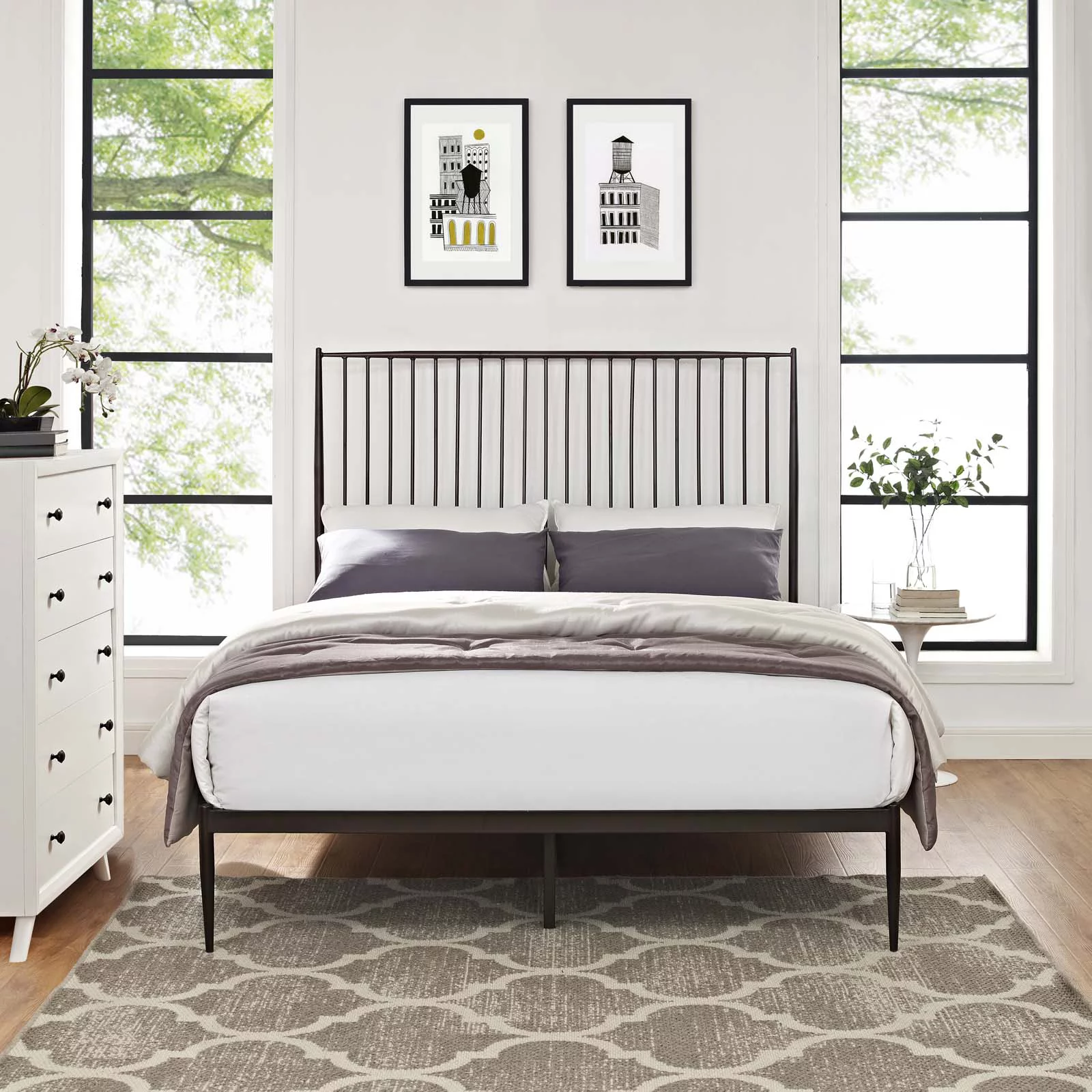 Modern Contemporary Urban Design Bedroom Queen Size Platform Bed Frame, Brown, Metal Steel