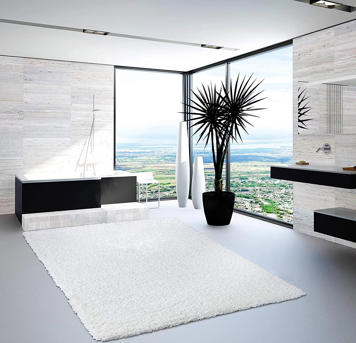 Elegant Comfort Shaggy Collection Modern Indoor Area Rugs, Fluffy Living Room Carpets for Children Bedroom Home Décor Nursery Rug, 5' x 7' ft, Solid Black