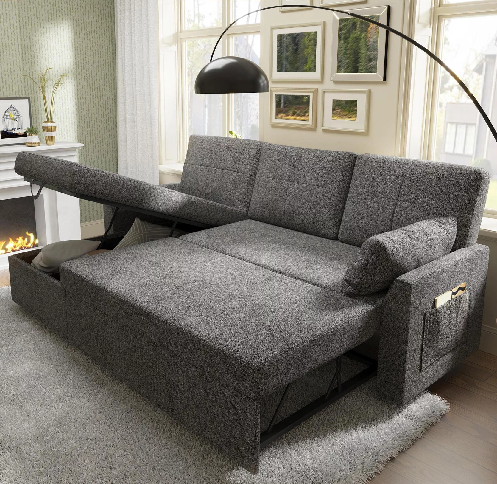 Papajet Sofa Bed, Sleeper Sofa with Storage Chaise, Pull Out Couch for Bed Room, Gray Chenille