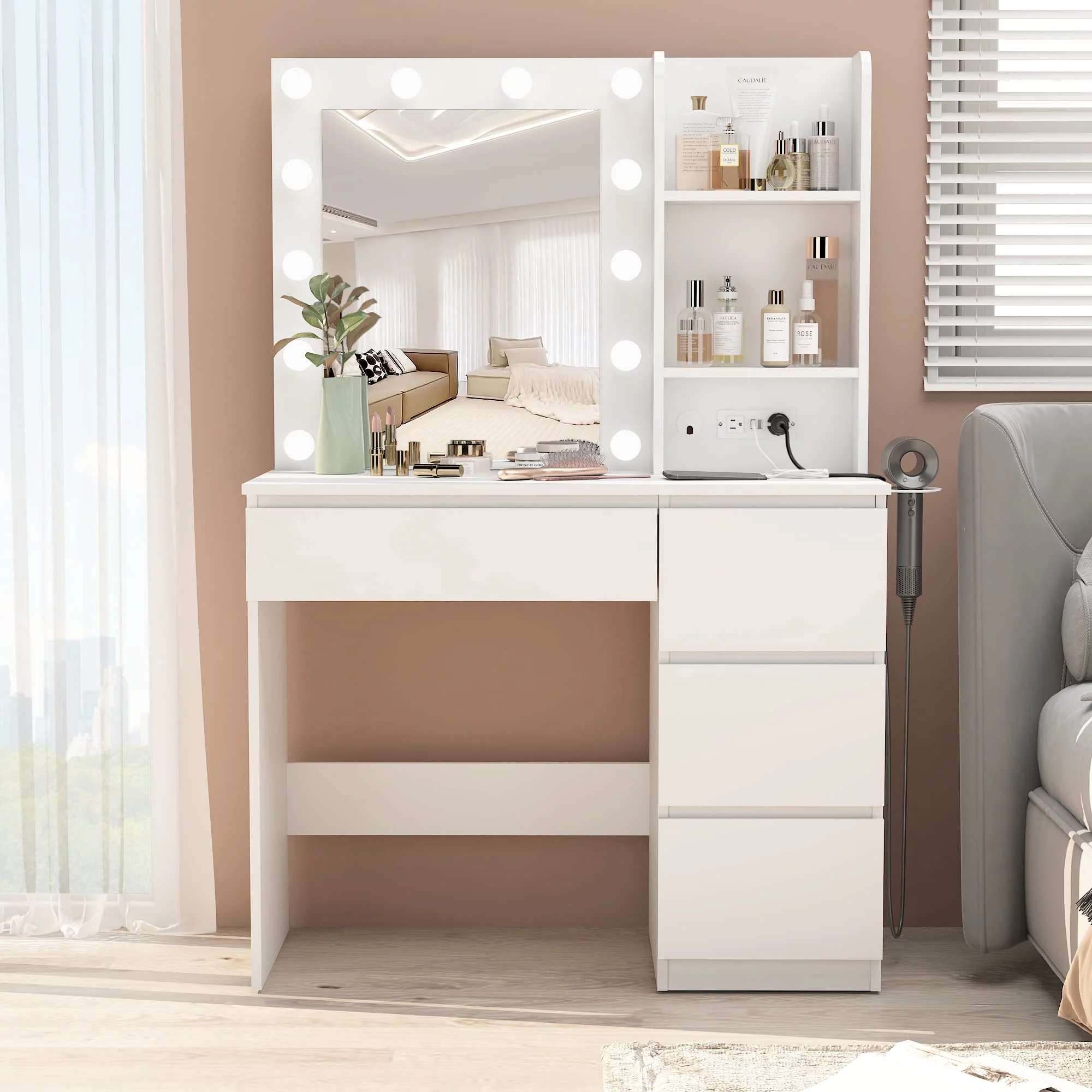 Veanerwood Makeup Vanity with Lights, Bedroom Vanity Table with Power Strip, Modern Dressing Table, 4 Drawers, 37in, White