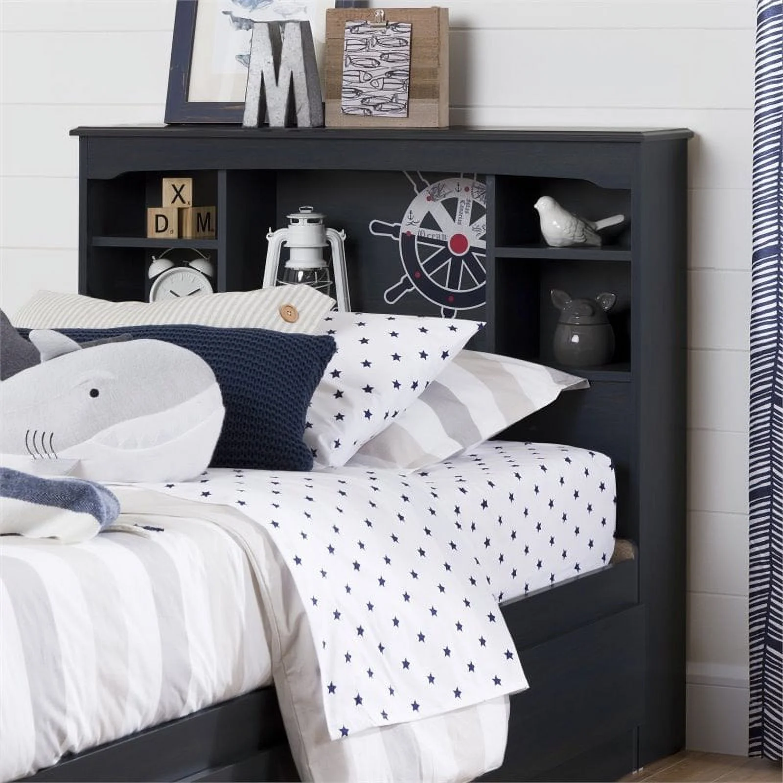 Pemberly Row Transitional Wood Twin Bookcase Headboard in Blue