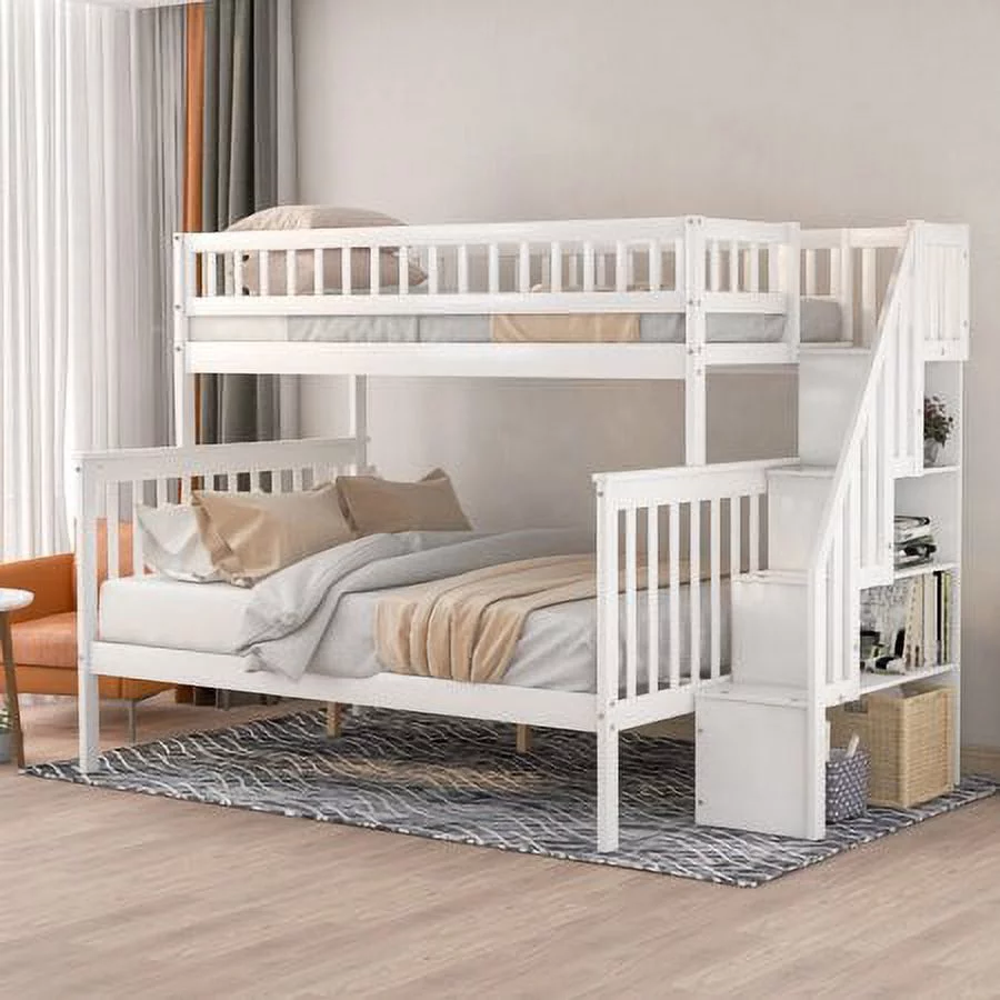 CHURANTY Twin Over Full Loft Bed with Stairs, Solid Wood Stairway Bunk Bed with Storage and Guard Rail for Kids Teens Adults